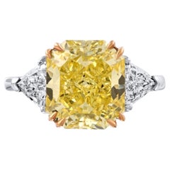 4.36ct Three Stone Radiant Cut Fancy Intense Yellow Diamond Engagement Ring