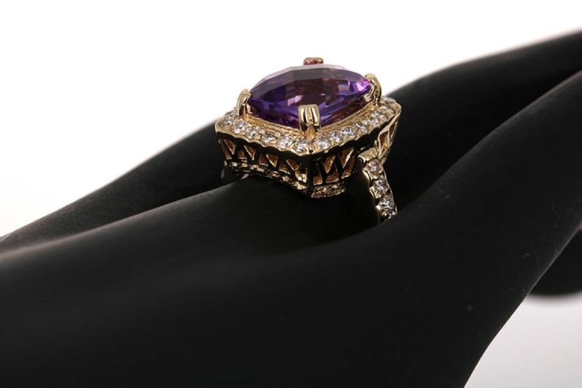 4.37 Carat Amethyst Diamond Yellow Gold Cocktail Ring In New Condition For Sale In Los Angeles, CA
