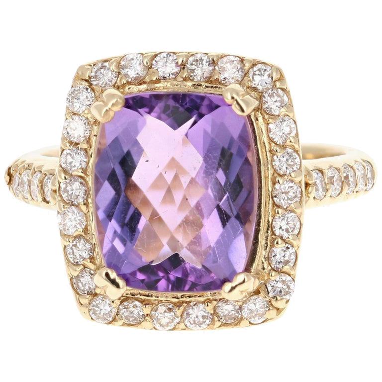 4.37 Carat Amethyst Diamond Yellow Gold Cocktail Ring For Sale