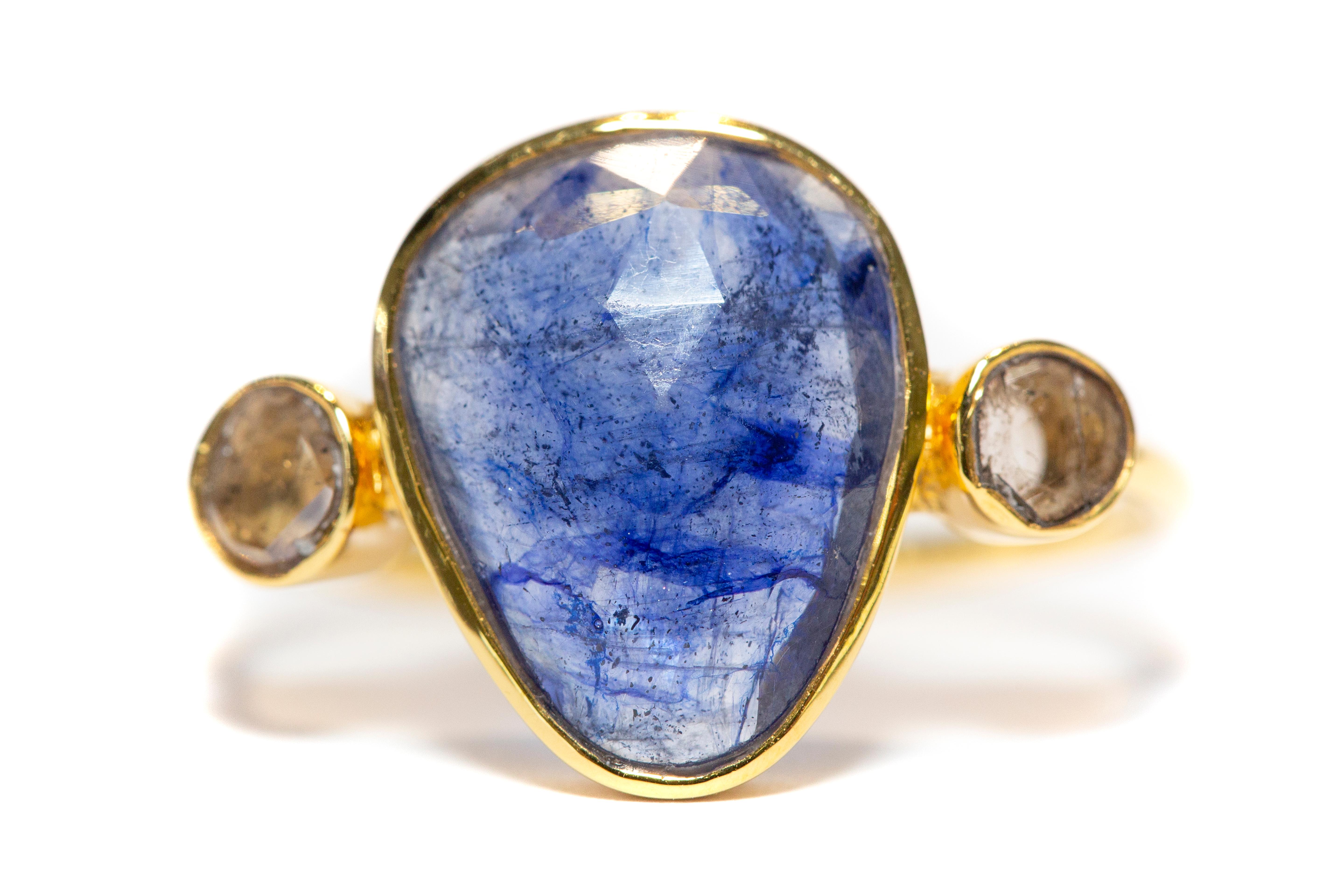 4,37 Karat Blauer Saphir Diamant Rosenschliff 18 KT Gelbgold Kunsthandwerker Ring  (Zeitgenössisch) im Angebot