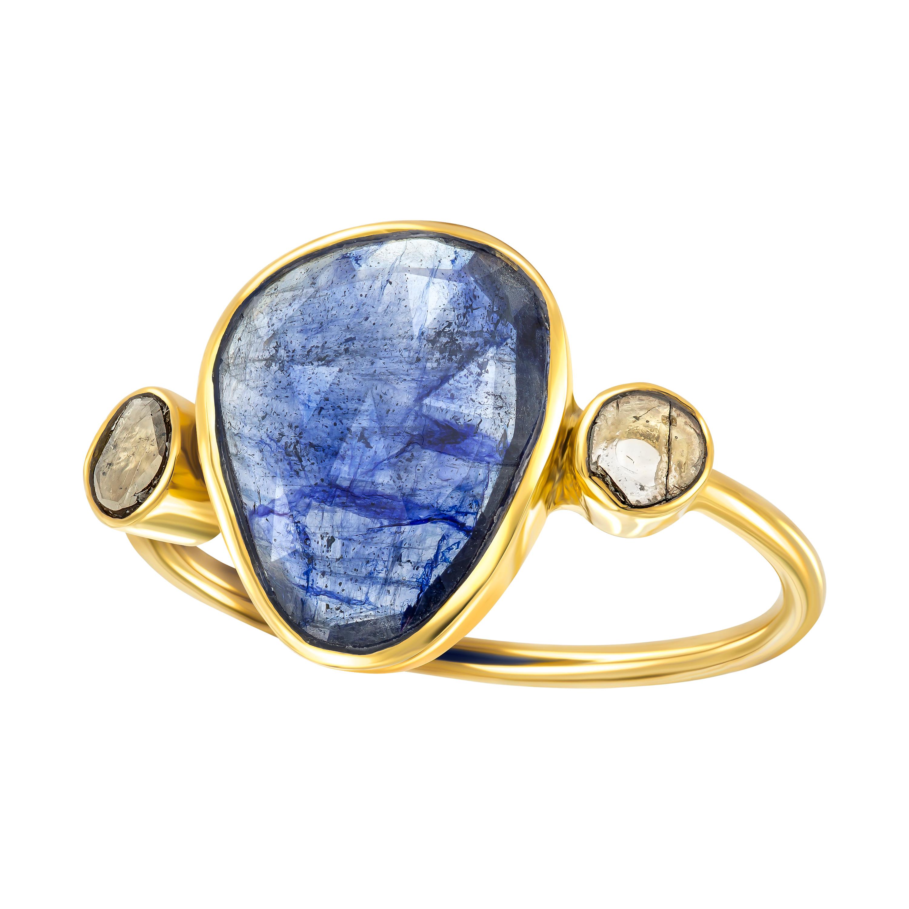 4.37 Carat Blue Sapphire Diamond Rose Cut 18 KT Yellow Gold Artisan Ring  For Sale
