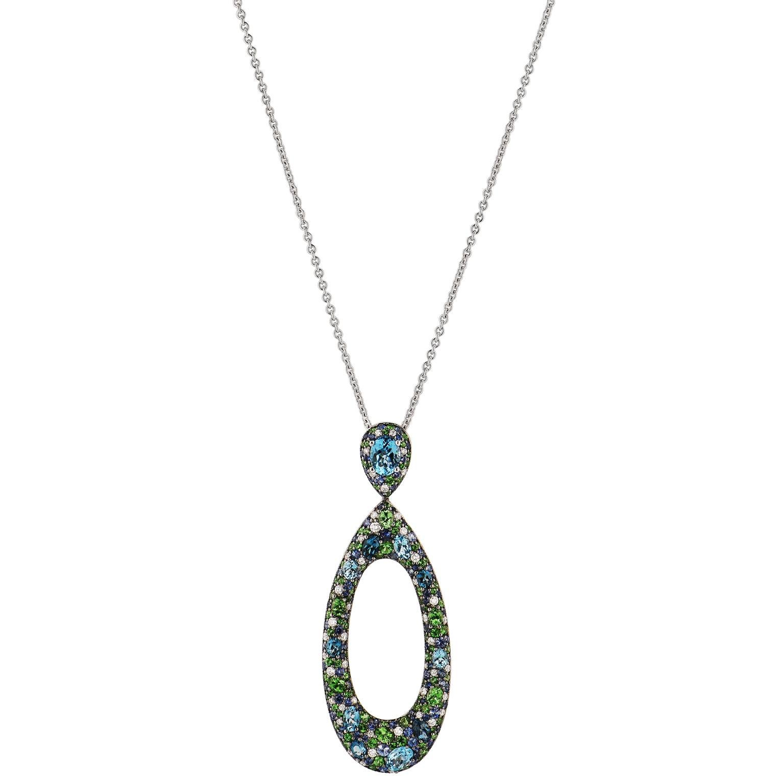 4.37 Carat Blue Topaz Sapphire Diamond Pendant Necklace

This absolutely stunning pendant is big! It's a real show stopper.
The pendant measures 2.75 inches long and is 1 inch at it's widest point.
This 18 karat white gold pendant is covered in 4.37