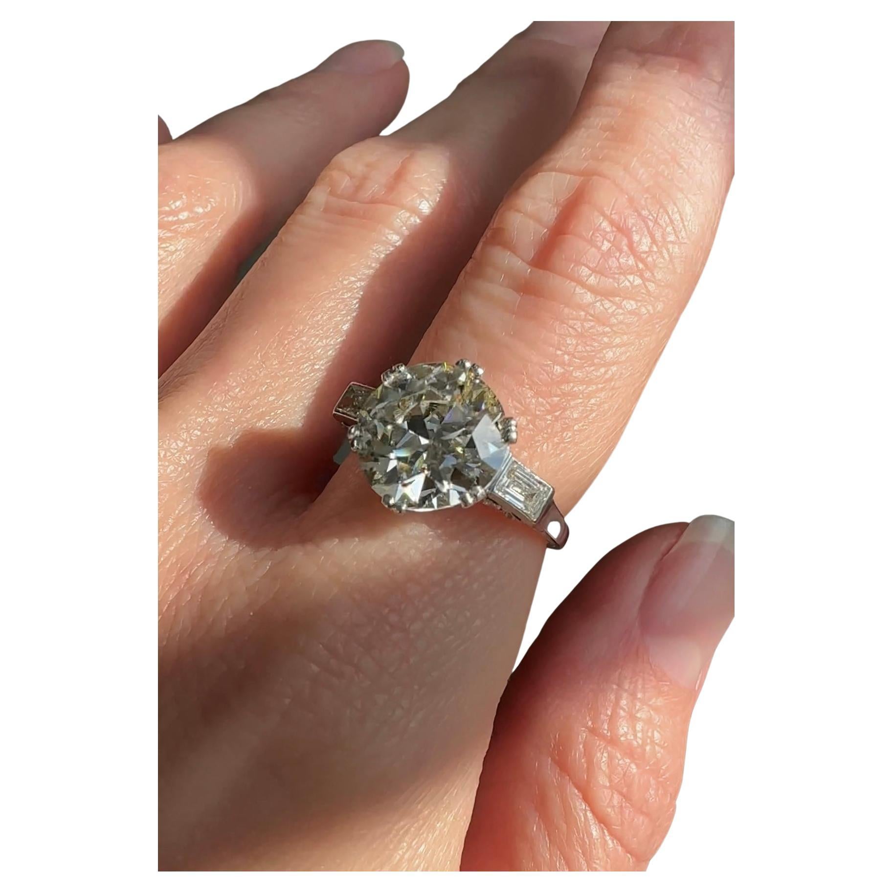 4.37 Carat European Cut Diamond Solitaire Ring, SI2 K For Sale