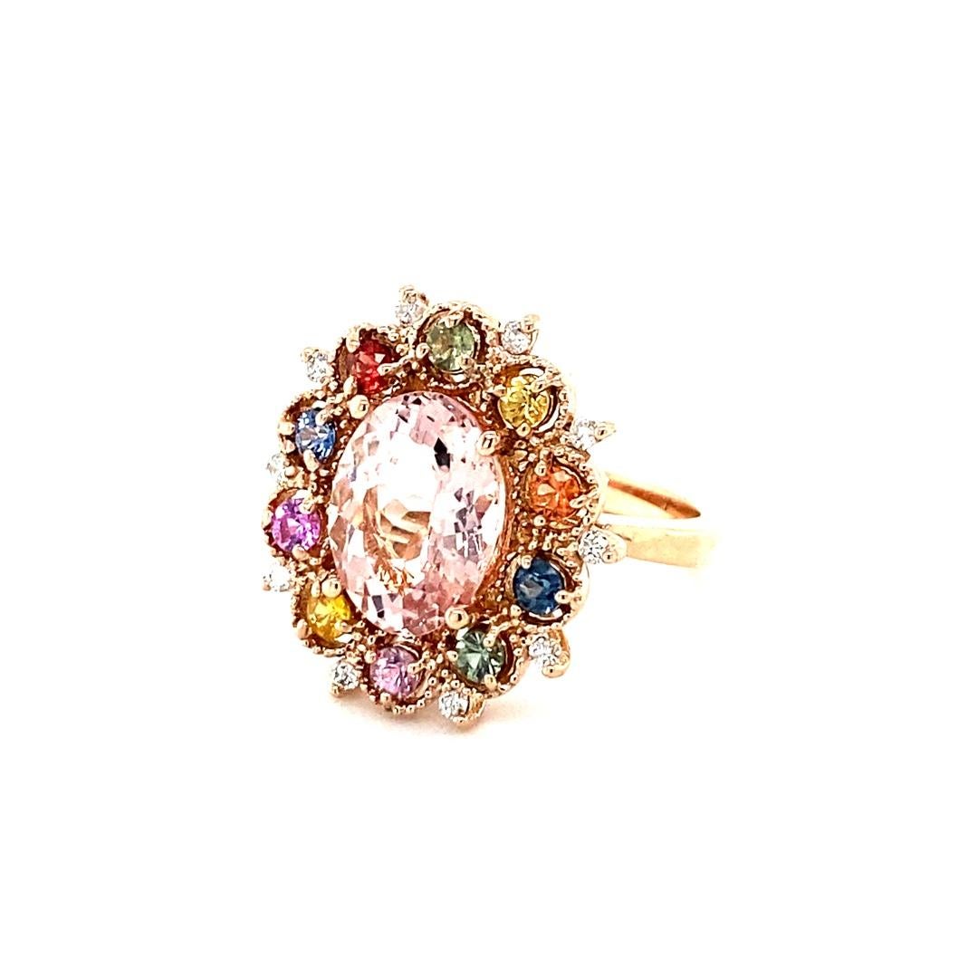 Oval Cut 4.37 Carat Morganite Diamond Multicolor Sapphire Rose Gold Cocktail Ring  For Sale