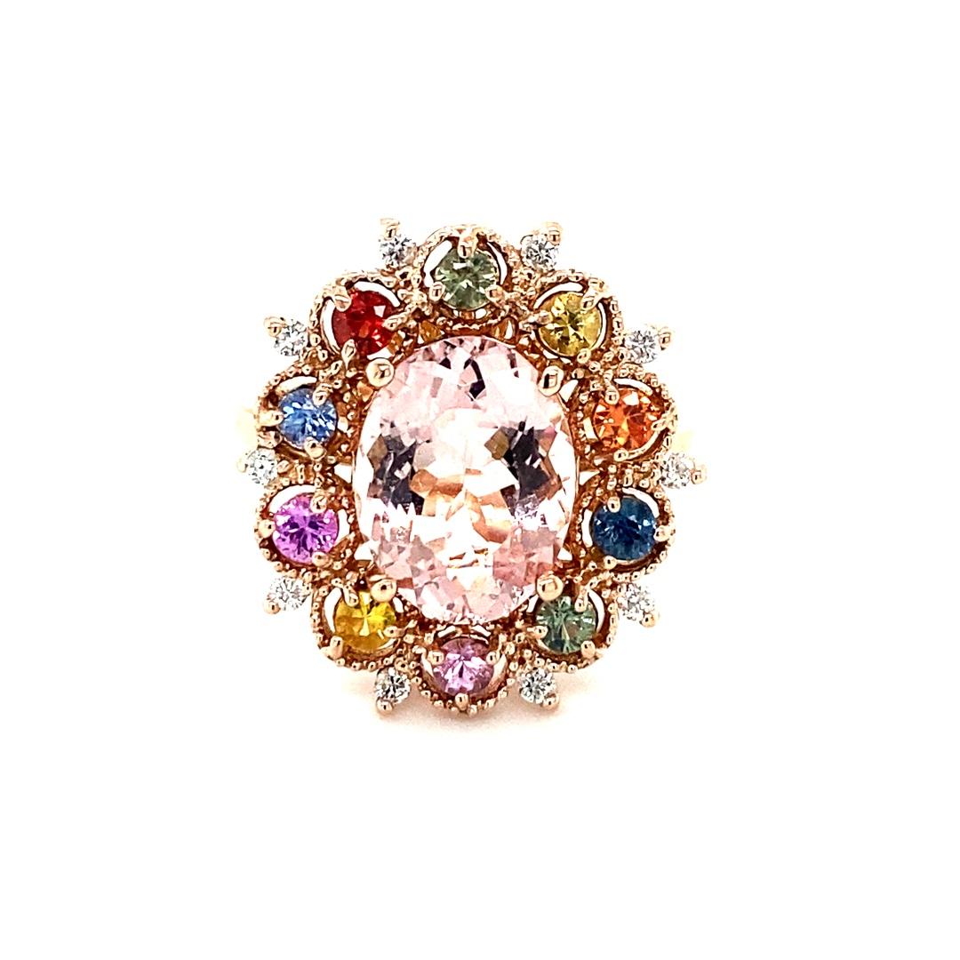4.37 Carat Morganite Diamond Multicolor Sapphire Rose Gold Cocktail Ring  In New Condition For Sale In Los Angeles, CA
