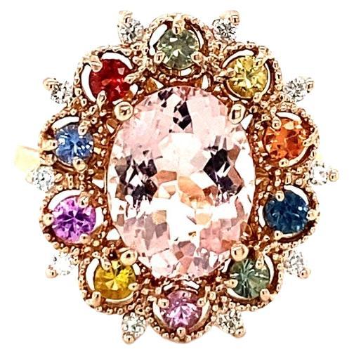 4.37 Carat Morganite Diamond Multi Color Sapphire Rose Gold Cocktail Ring 