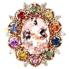 4.37 Carat Morganite Diamond Multi Color Sapphire Cocktail Ring in 14K Rose Gold