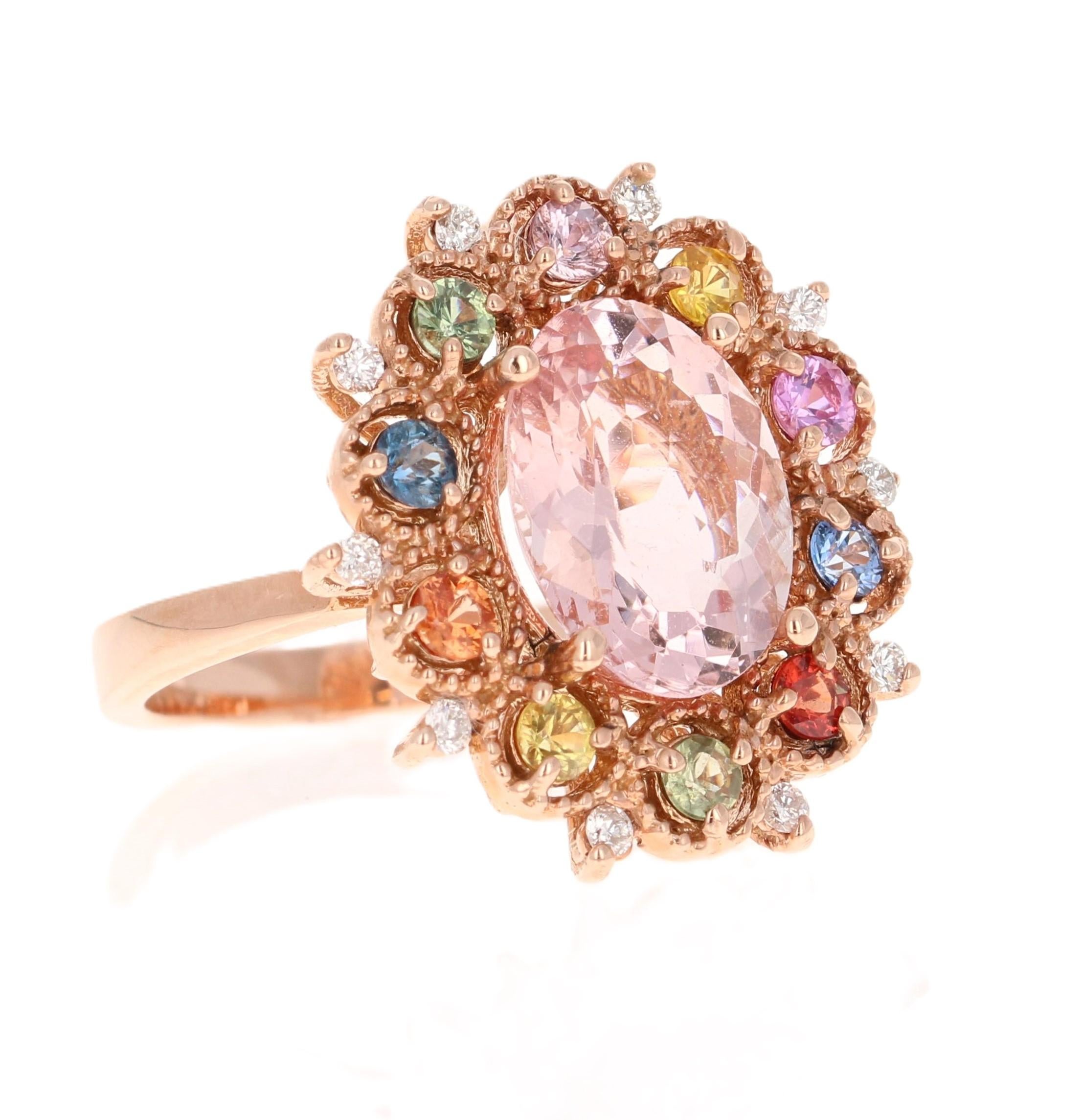 4.37 Carat Morganite Diamond Multi Color Sapphire Rose Gold Cocktail Ring 

This ring has a natural oval cut pink morganite that weighs 3.32 carats, natural round cut multicolor sapphires that weigh 0.89 carats, and also natural round brilliant cut