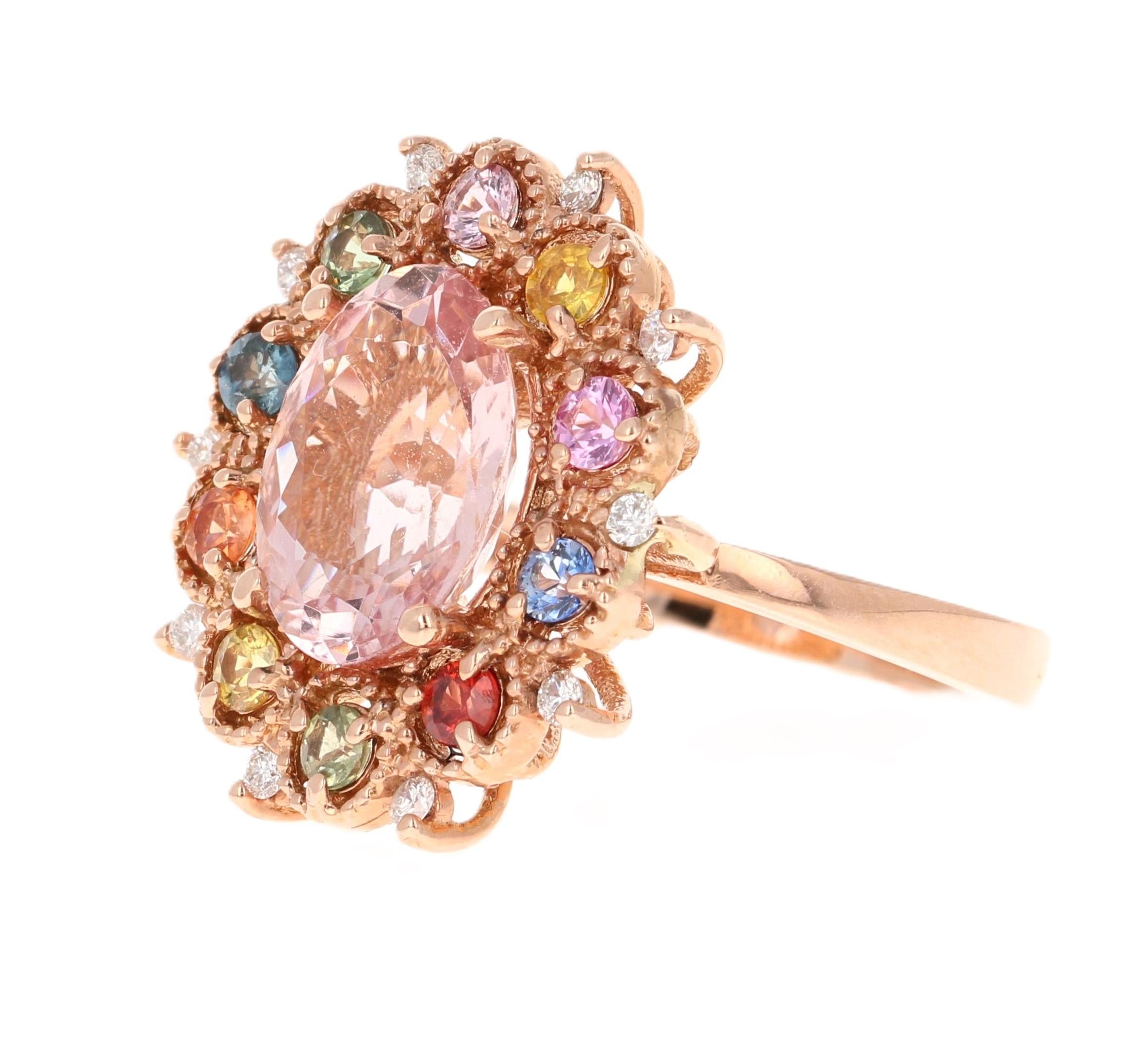 Contemporary 4.37 Carat Morganite Diamond Multicolor Sapphire Rose Gold Cocktail Ring For Sale
