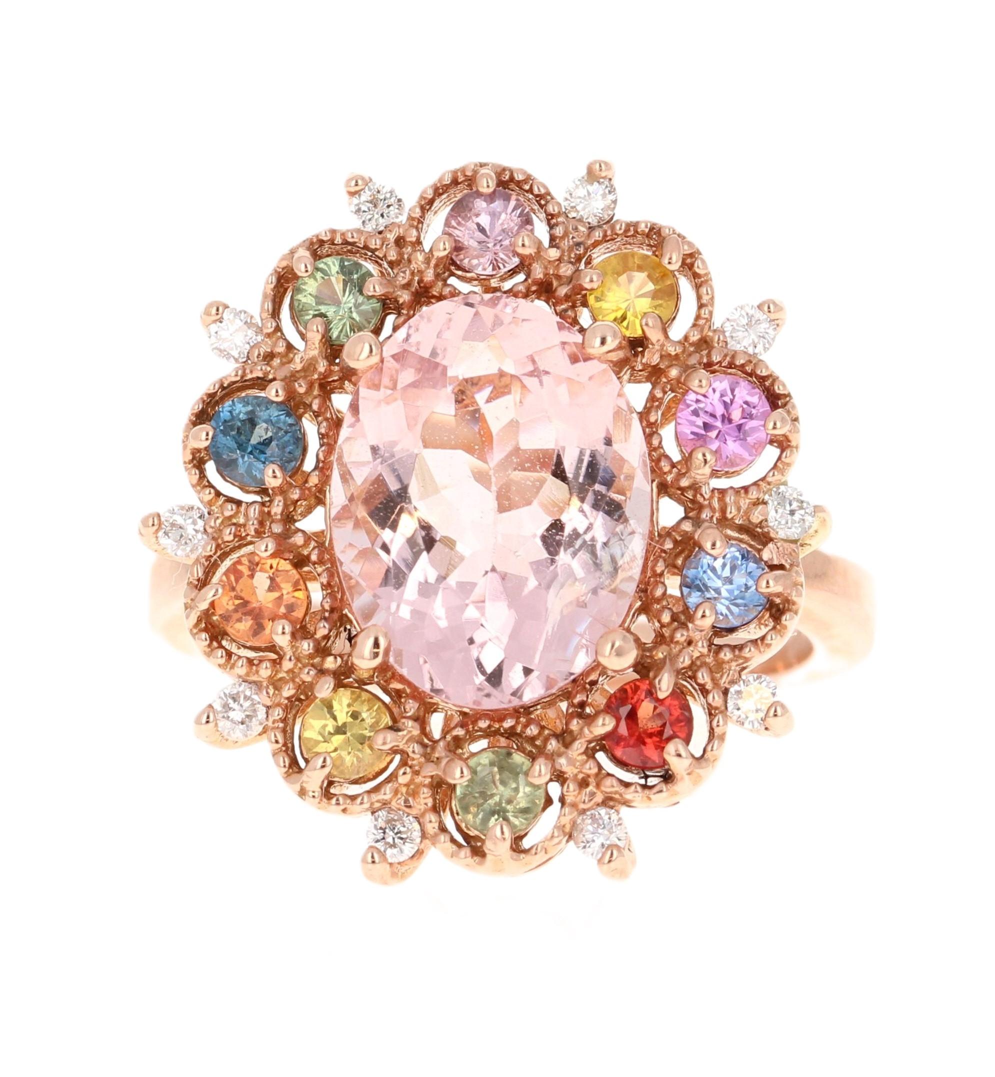 Women's 4.37 Carat Morganite Diamond Multicolor Sapphire Rose Gold Cocktail Ring For Sale