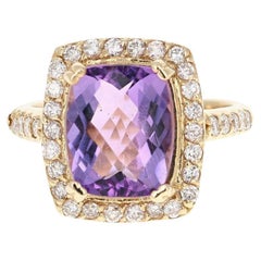 Bague de cocktail en or jaune avec améthyste naturelle de 4,37 carats et diamant naturel