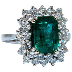4.37 Carat Natural Vivid Green Emerald Diamonds Raised Double Halo Ring 14 Karat