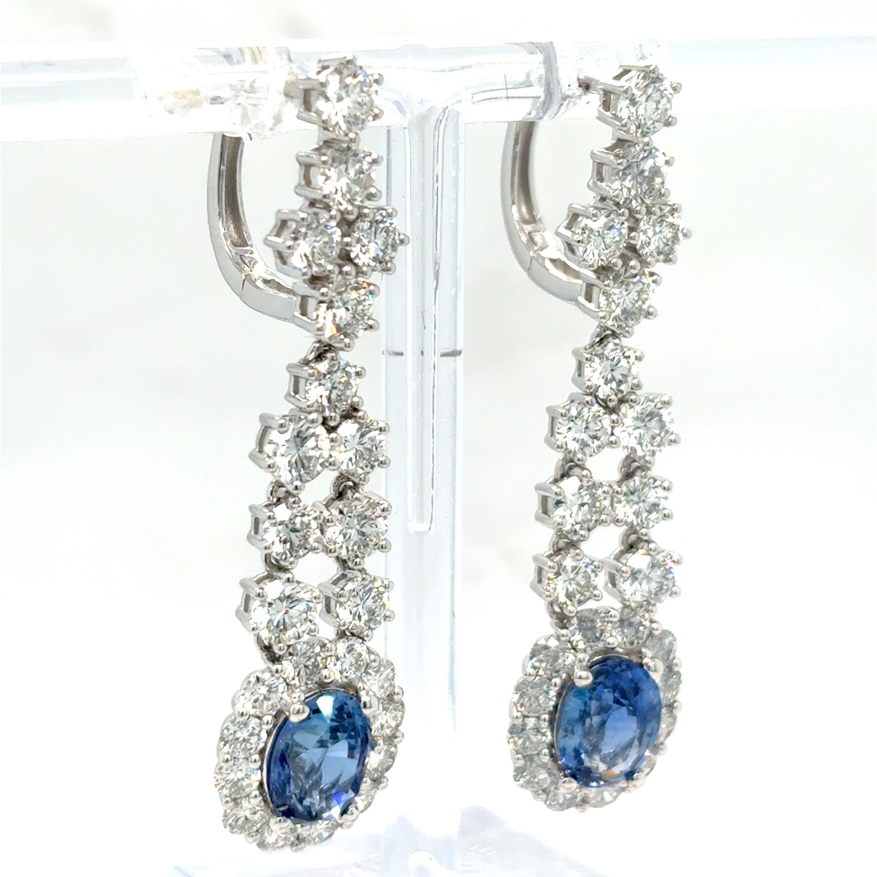 Artisan 4.37 Carat Oval Cut Sapphire Diamond Platinum Earrings For Sale