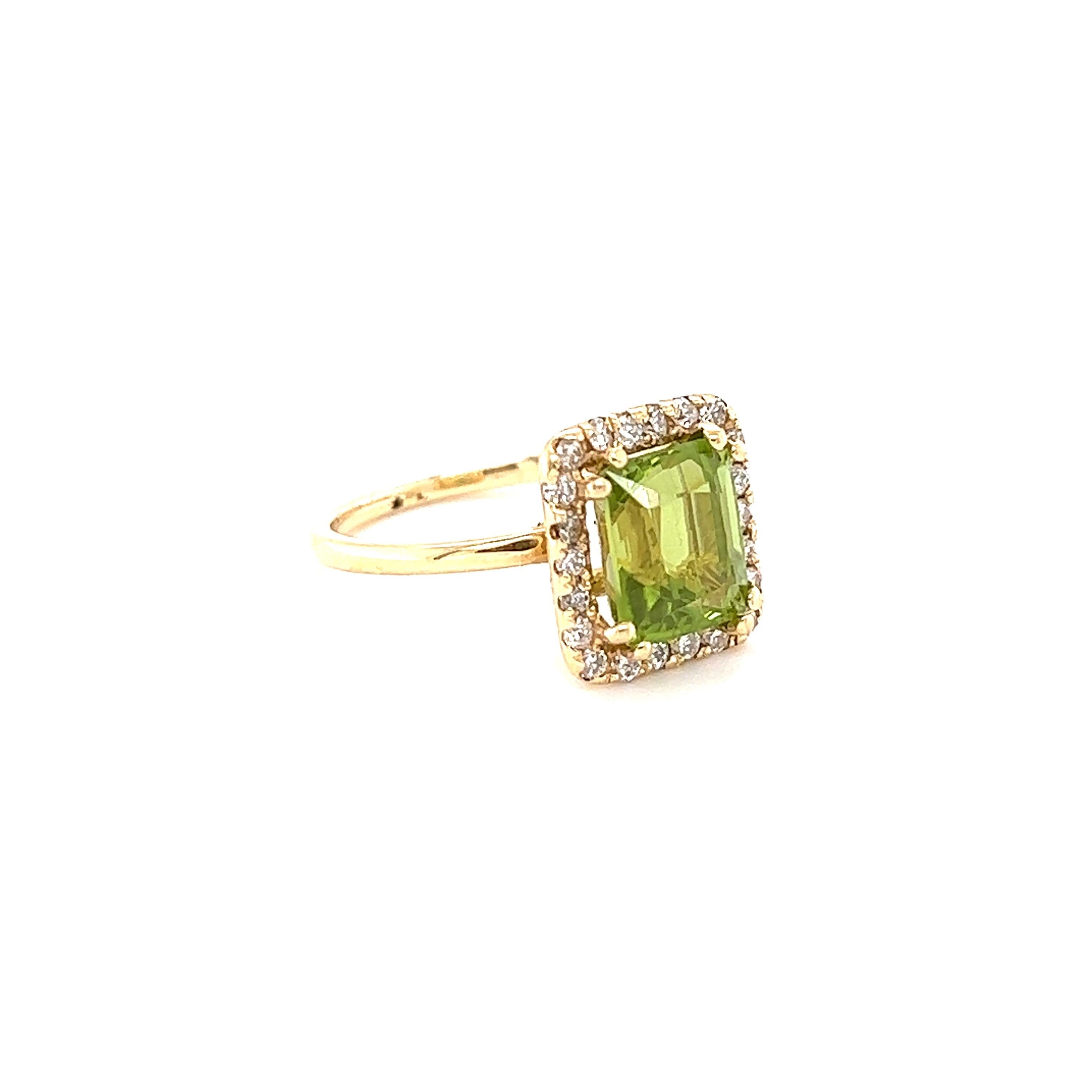 This Peridot and Diamond Ring has a 3.96 Carat Emerald Cut Peridot and has a halo of 22 Round Cut Diamonds weighing 0.41 Carats. The total carat weight of the ring is 4.37 Carats. 

It is set in 14 Karat Yellow Gold and weighs approximate 3.8 grams.