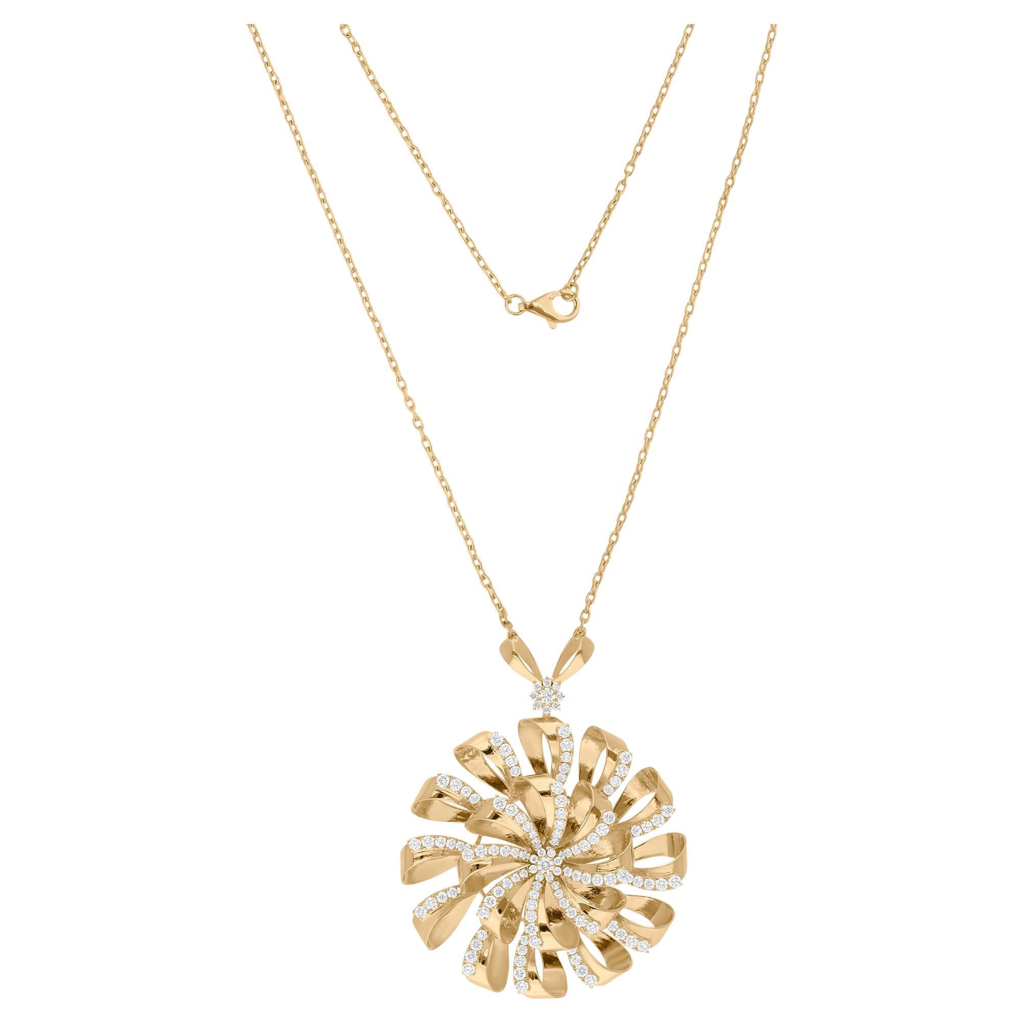 4.37 Carat SI/H Diamond Knot Flower Pendant Necklace 18k Yellow Gold Jewelry