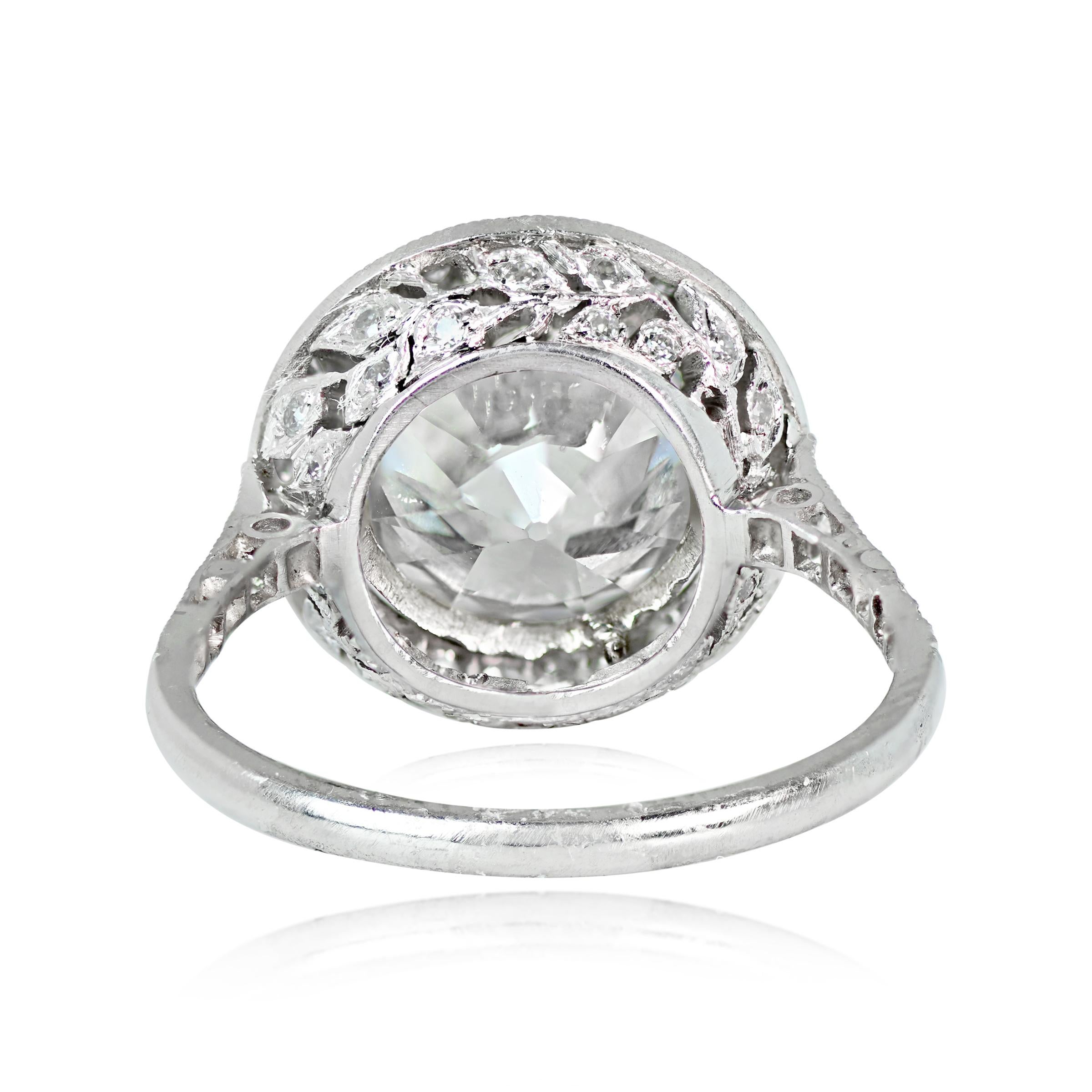 Art Deco 4.37 Ct Old European Cut Diamond Engagement Ring with Pave-Set Halo and Delicate For Sale