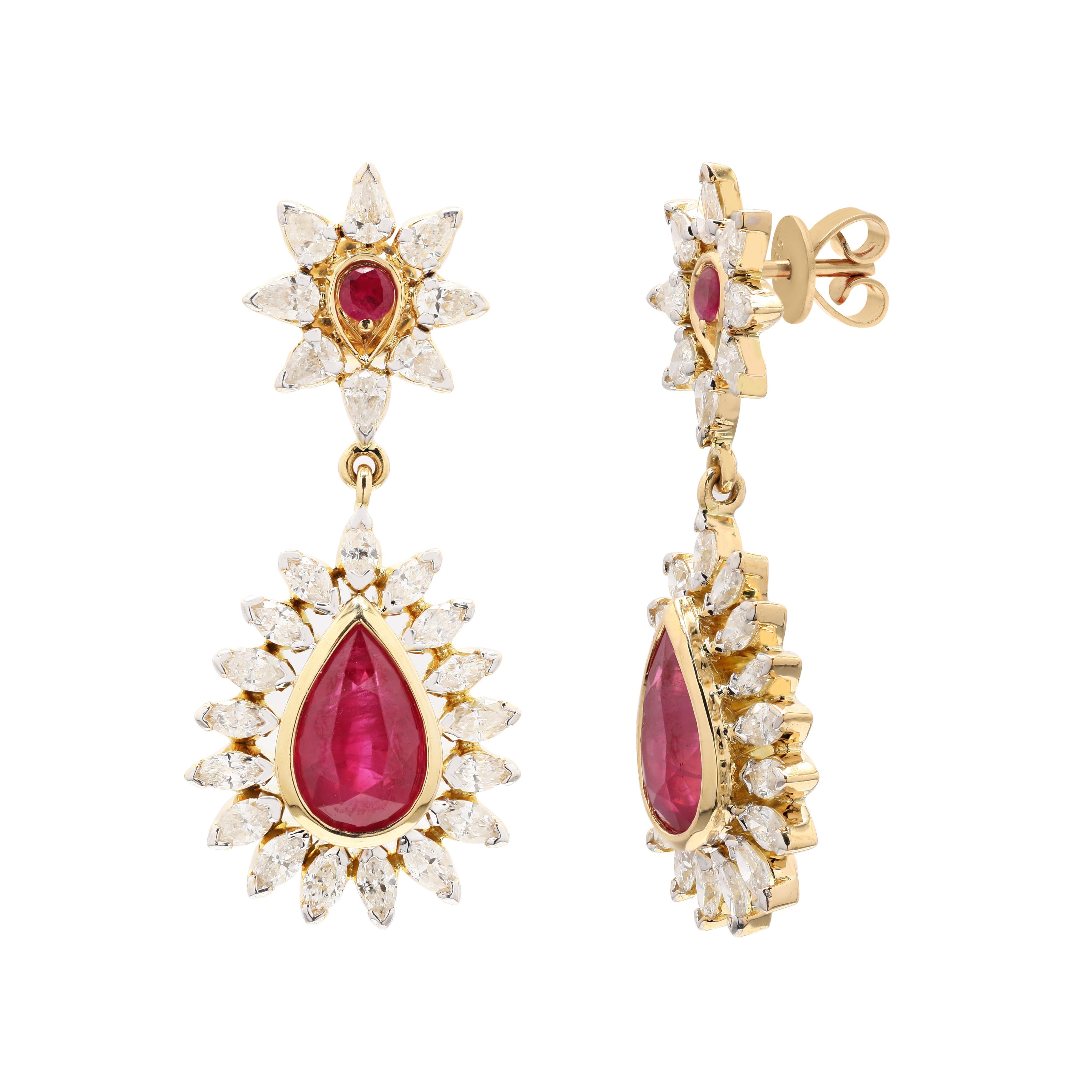 Art Deco 4.37 Carat Ruby Wedding Earrings and Diamonds Studded in 18k Solid Yellow Gold For Sale