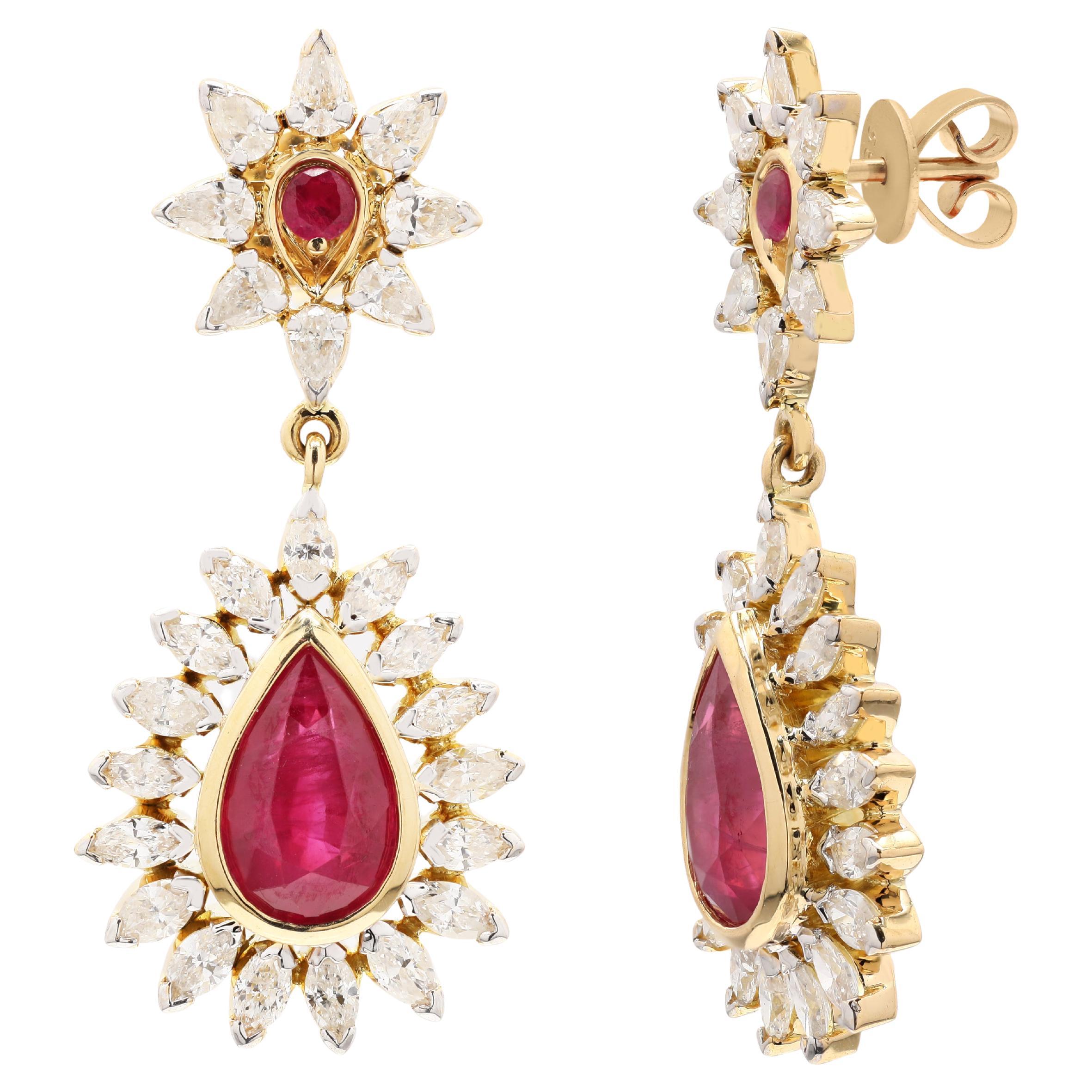 4.37 Carat Ruby Wedding Earrings and Diamonds Studded in 18k Solid Yellow Gold