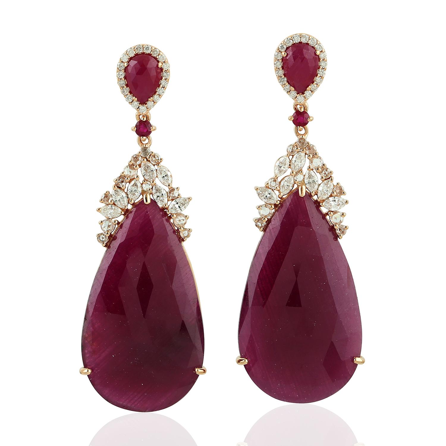 Rose Cut 43.72 Carat Ruby 18 Karat Gold Diamond Earrings For Sale