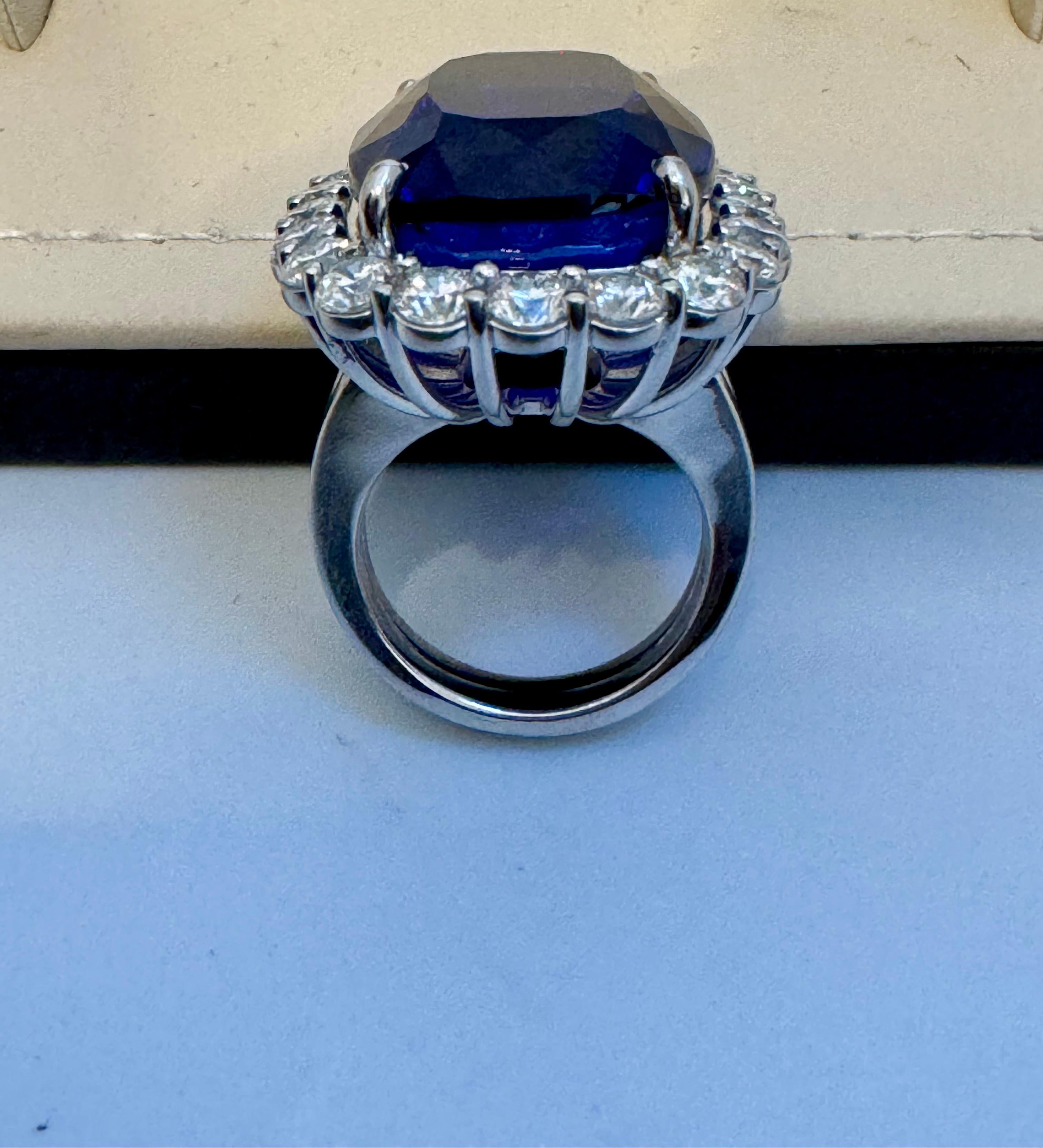 43.74 Ct Cushion-Cut Tanzanite & 4 Ct  Diamond Ring in 14K White Gold Size 6.5 For Sale 1