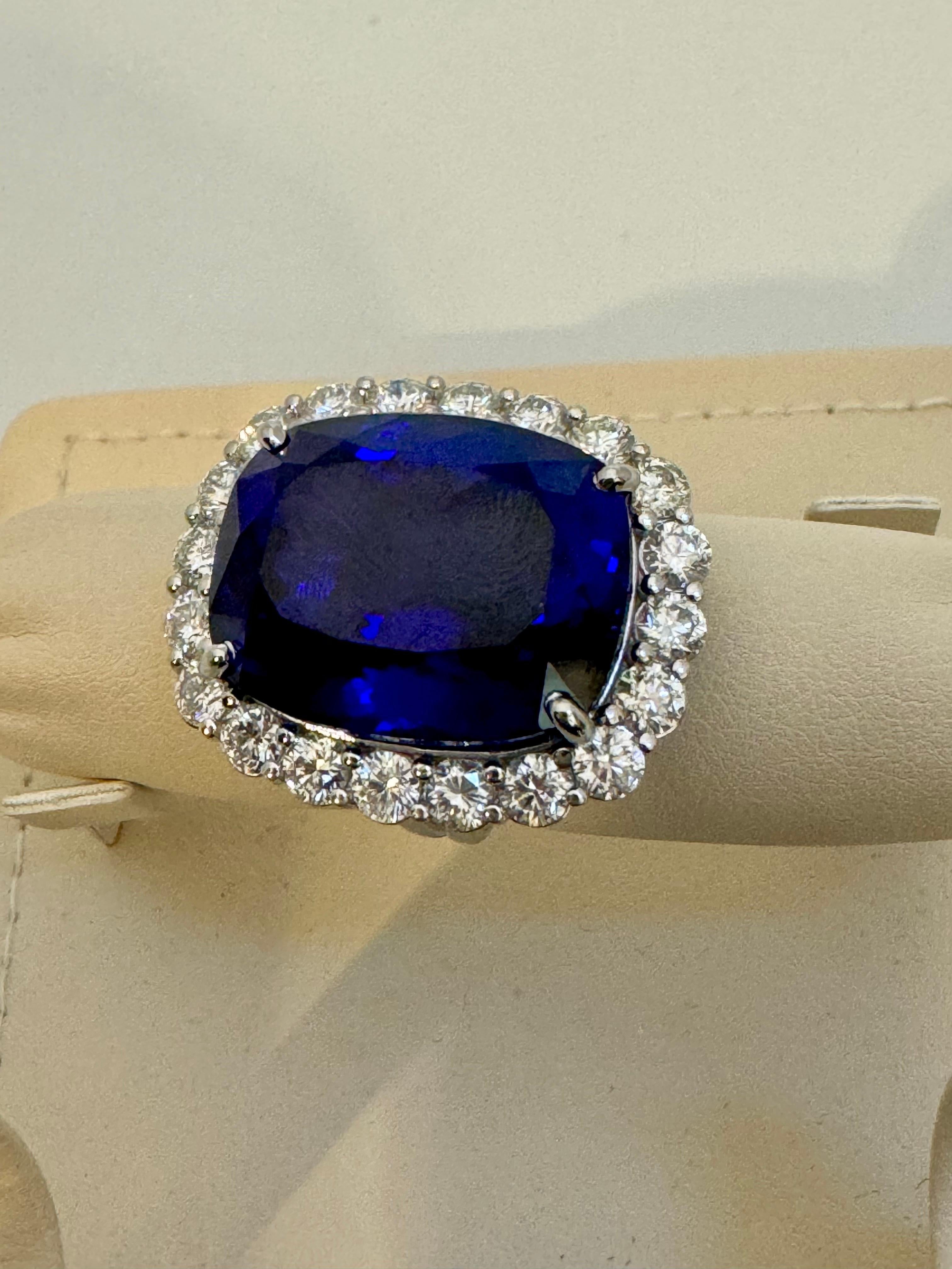 43.74 Ct Cushion-Cut Tanzanite & 4 Ct  Diamond Ring in 14K White Gold Size 6.5 For Sale 2