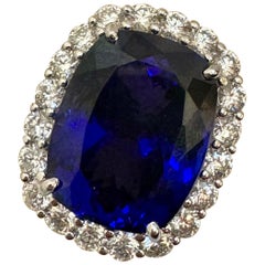 43.74 Ct Cushion-Cut Tanzanite & 4 Ct  Diamond Ring in 14K White Gold Size 6.5