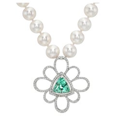Collier de perles en or blanc 18 carats avec tourmaline et diamant de 4,37 carats, taille trillion