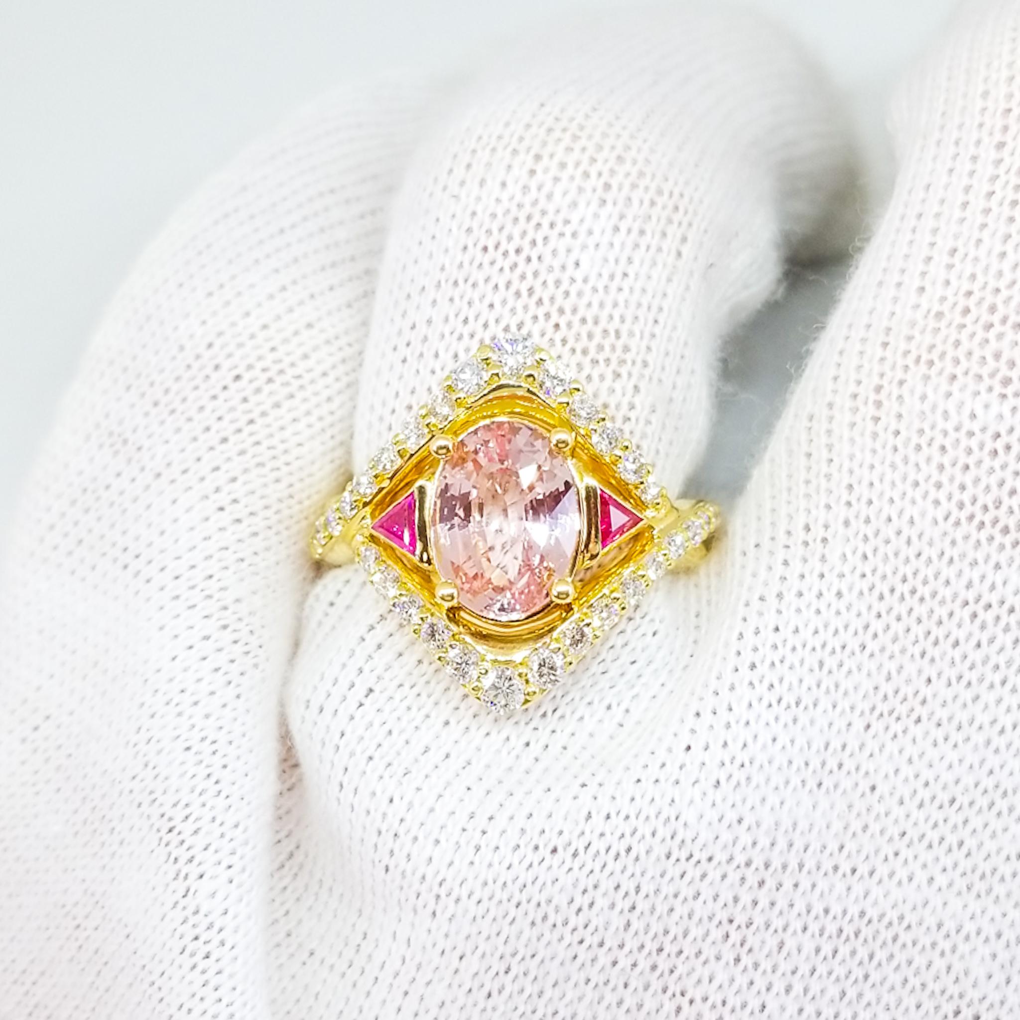 4.38 Carat AAA Lotus Pink Sapphire White Diamond Ruby Cocktail Ring 18K Yellow 1