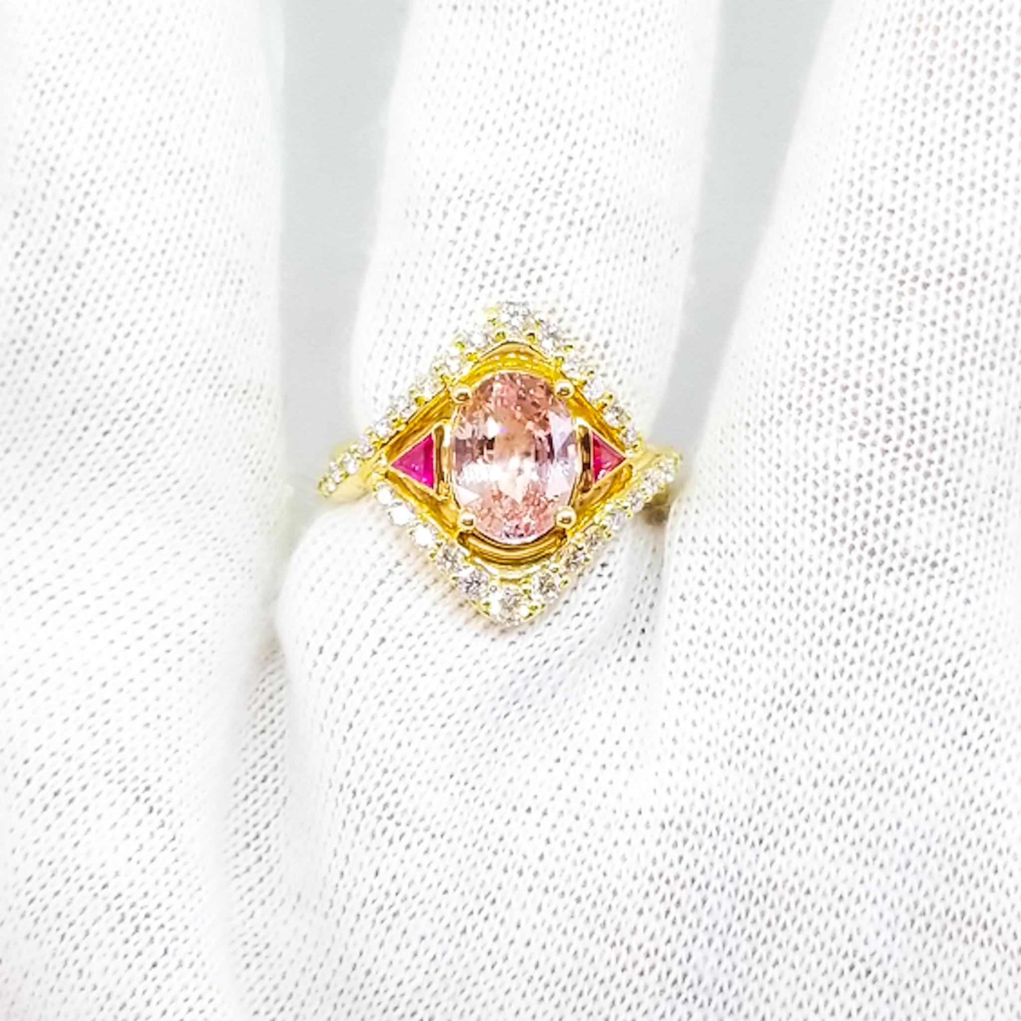 Oval Cut 4.38 Carat AAA Lotus Pink Sapphire White Diamond Ruby Cocktail Ring 18K Yellow