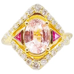 4.38 Carat AAA Lotus Pink Sapphire White Diamond Ruby Cocktail Ring 18K Yellow