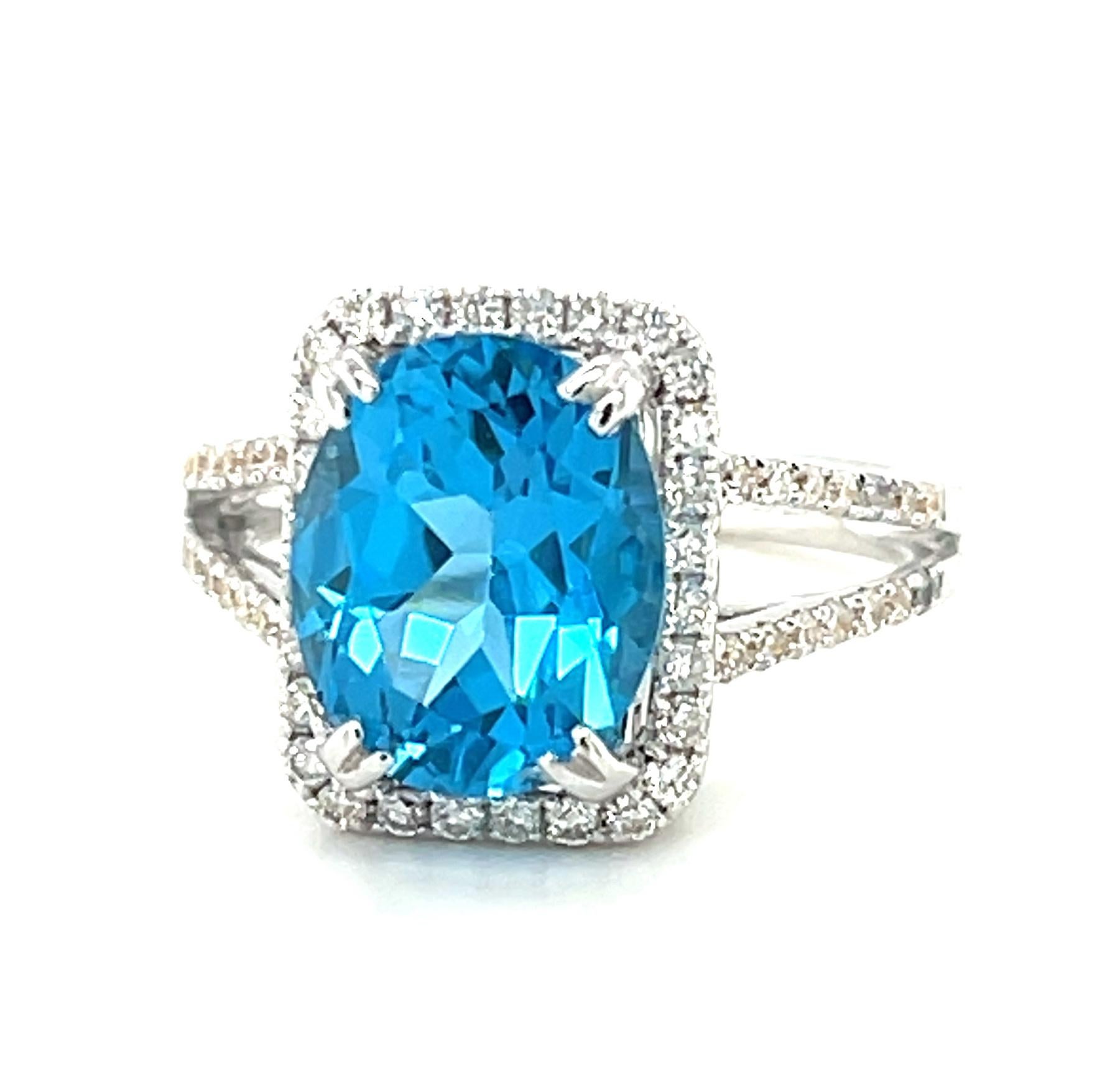 Artisan 4.38 Carat Blue Topaz and Diamond Halo Cocktail Ring in 18k White Gold  For Sale