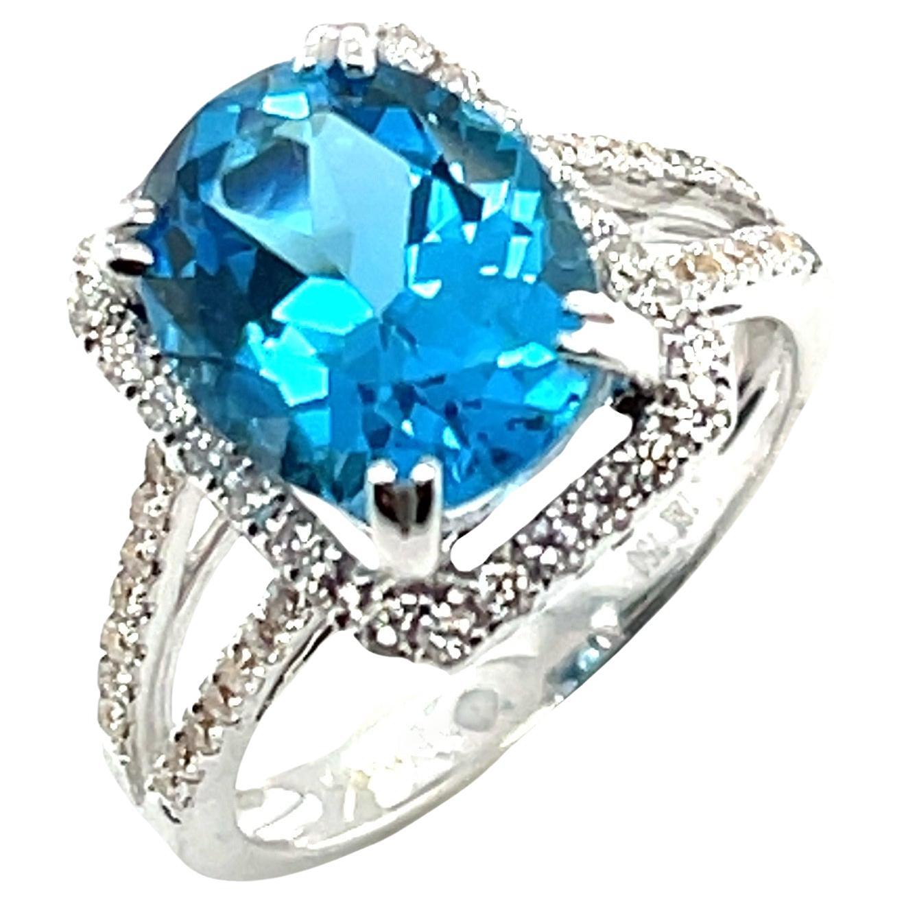 4.38 Carat Blue Topaz and Diamond Halo Cocktail Ring in 18k White Gold 