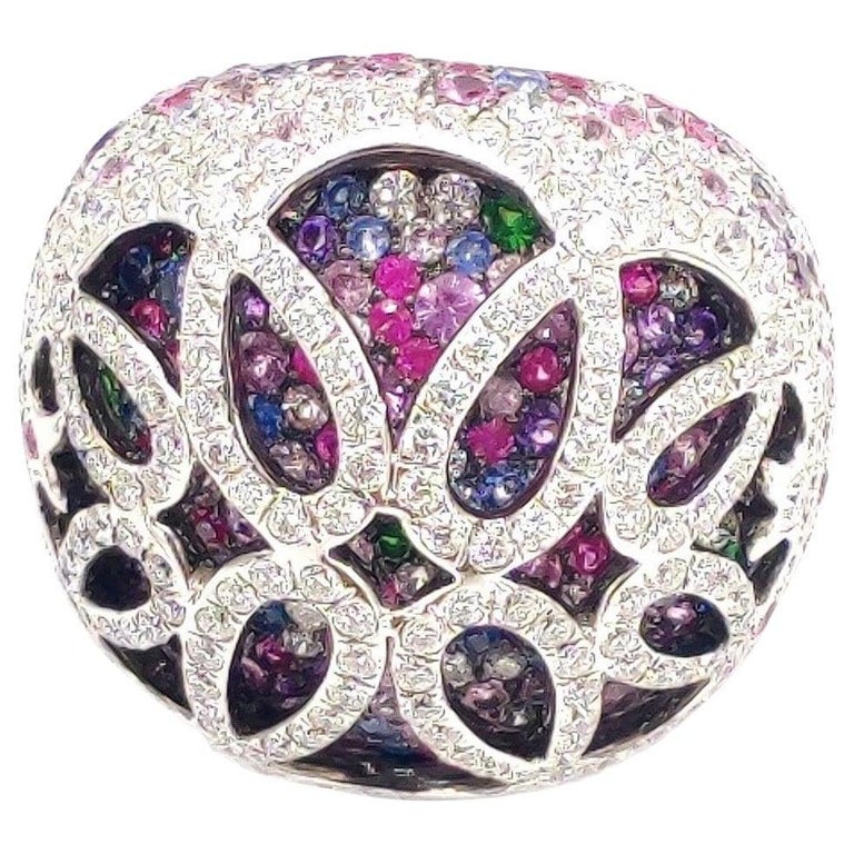 For Sale:  4.38 Carat Diamond Multi Sapphire 18 Karat White Gold Ring