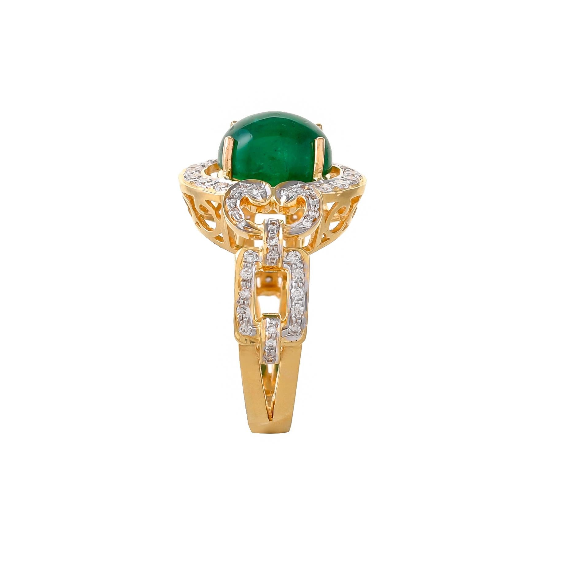 Centring on an oval-shaped luxurious green emerald cabochon weighing approximately 4.38 carats surrounded by diamonds, to the openwork surround gallery and bifurcated shoulders set with sparkling round diamonds with a total diamond weight of 0.56