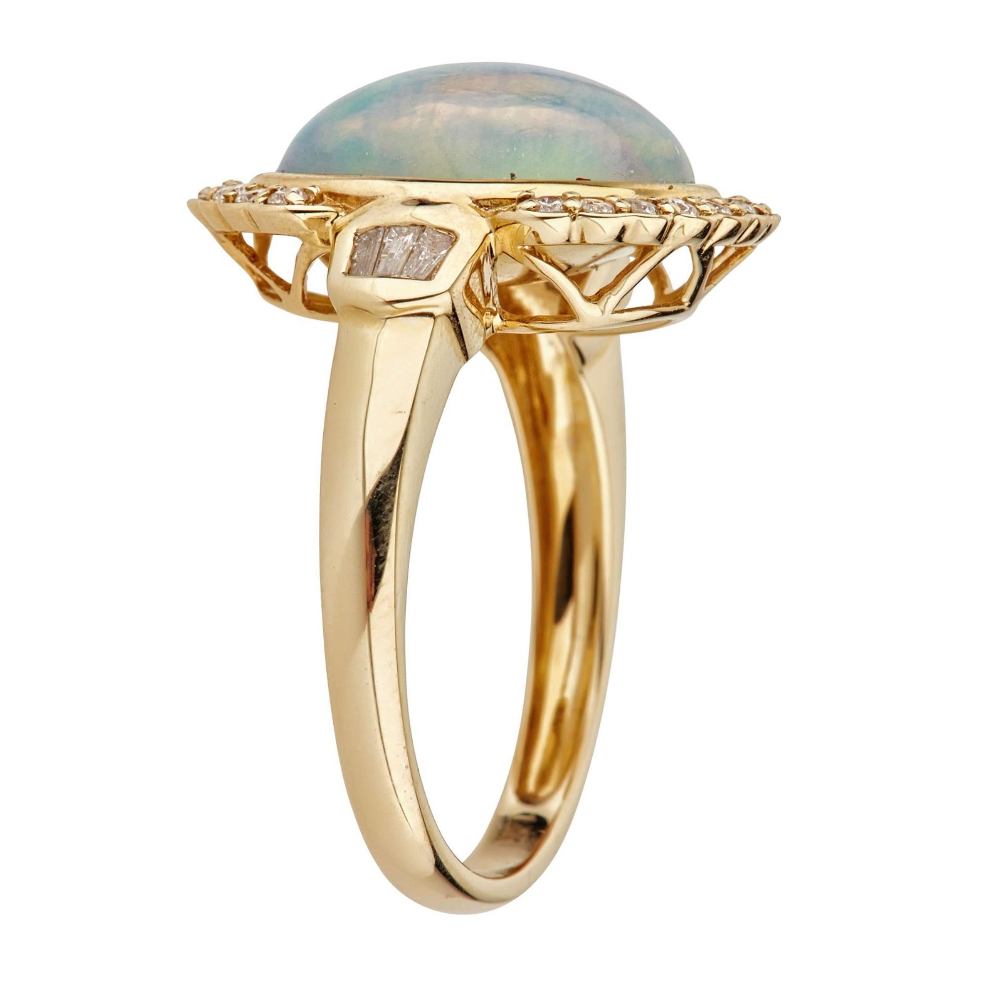 Decorate yourself in elegance with this Ring is crafted from 14-karat Yellow Gold by Gin & Grace. This Ring is made up of 10x14 mm Oval-Cab (1 pcs) 4.38 carat Ethiopian Opal and Round-cut White Diamond (22 Pcs) 0.21 Carat, Baguette-cut White Diamond