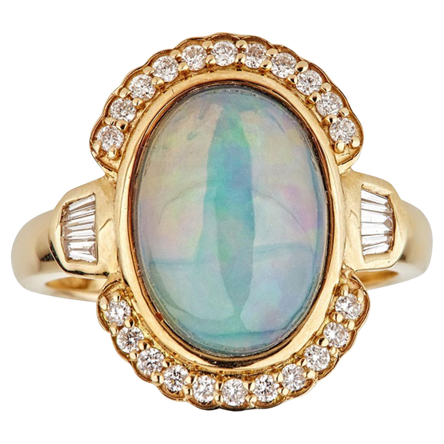 4.38 Carat Ethiopian Opal Oval Cab Diamond Accents 14K Yellow Gold Ring