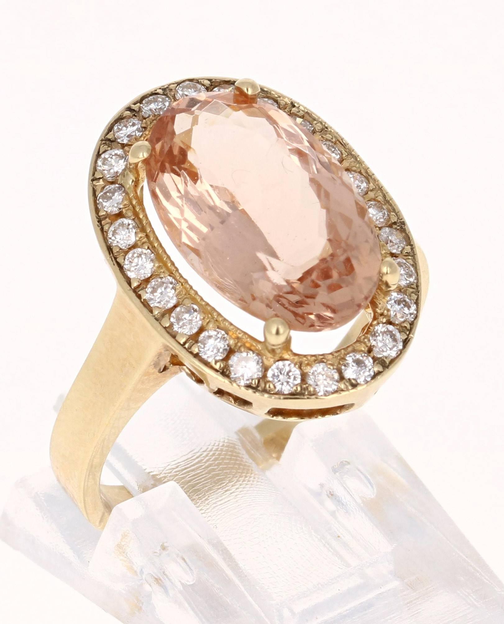 Oval Cut 4.38 Carat Morganite Diamond 14 Karat Yellow Gold Cocktail Ring