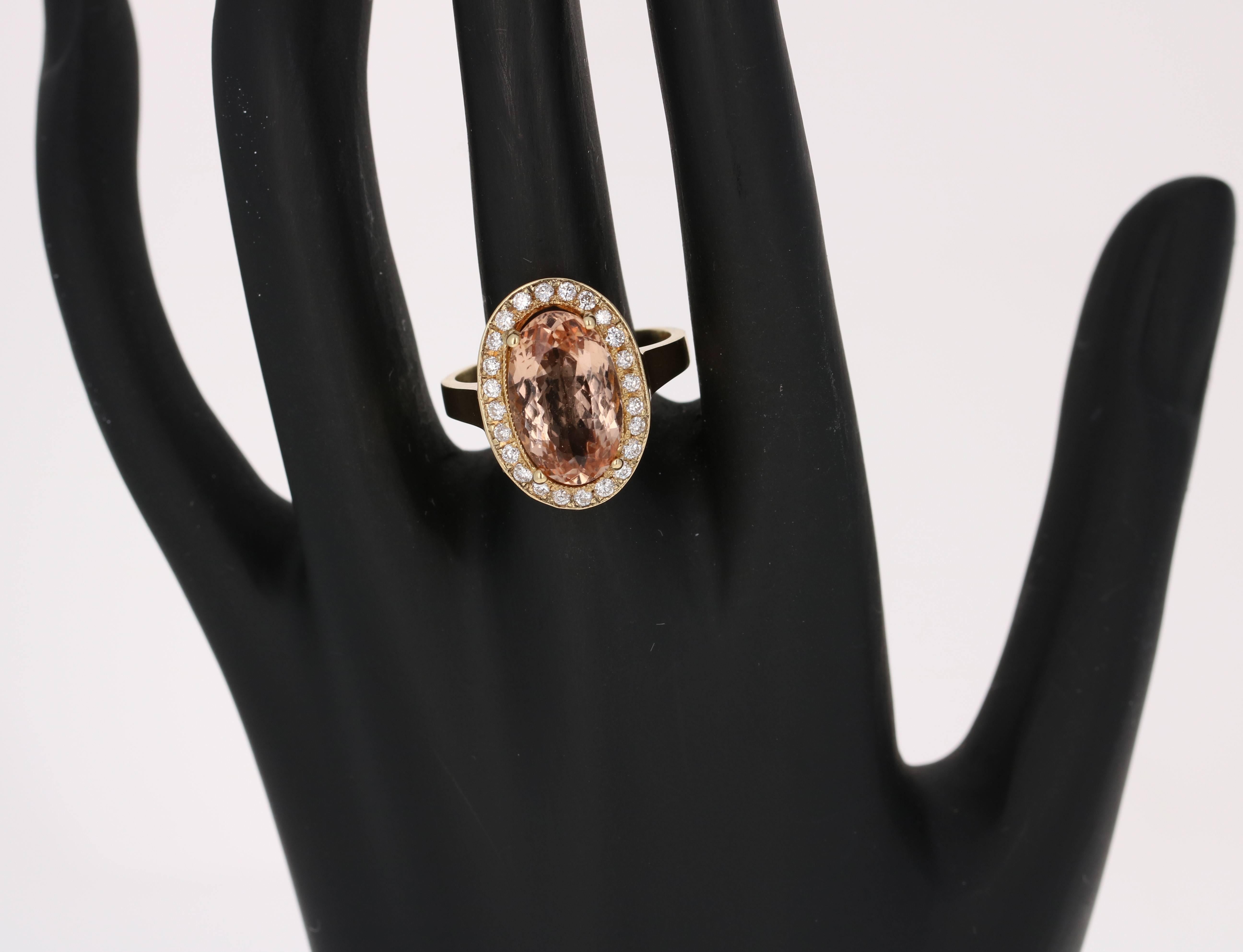 4.38 Carat Morganite Diamond 14 Karat Yellow Gold Cocktail Ring In New Condition In Los Angeles, CA