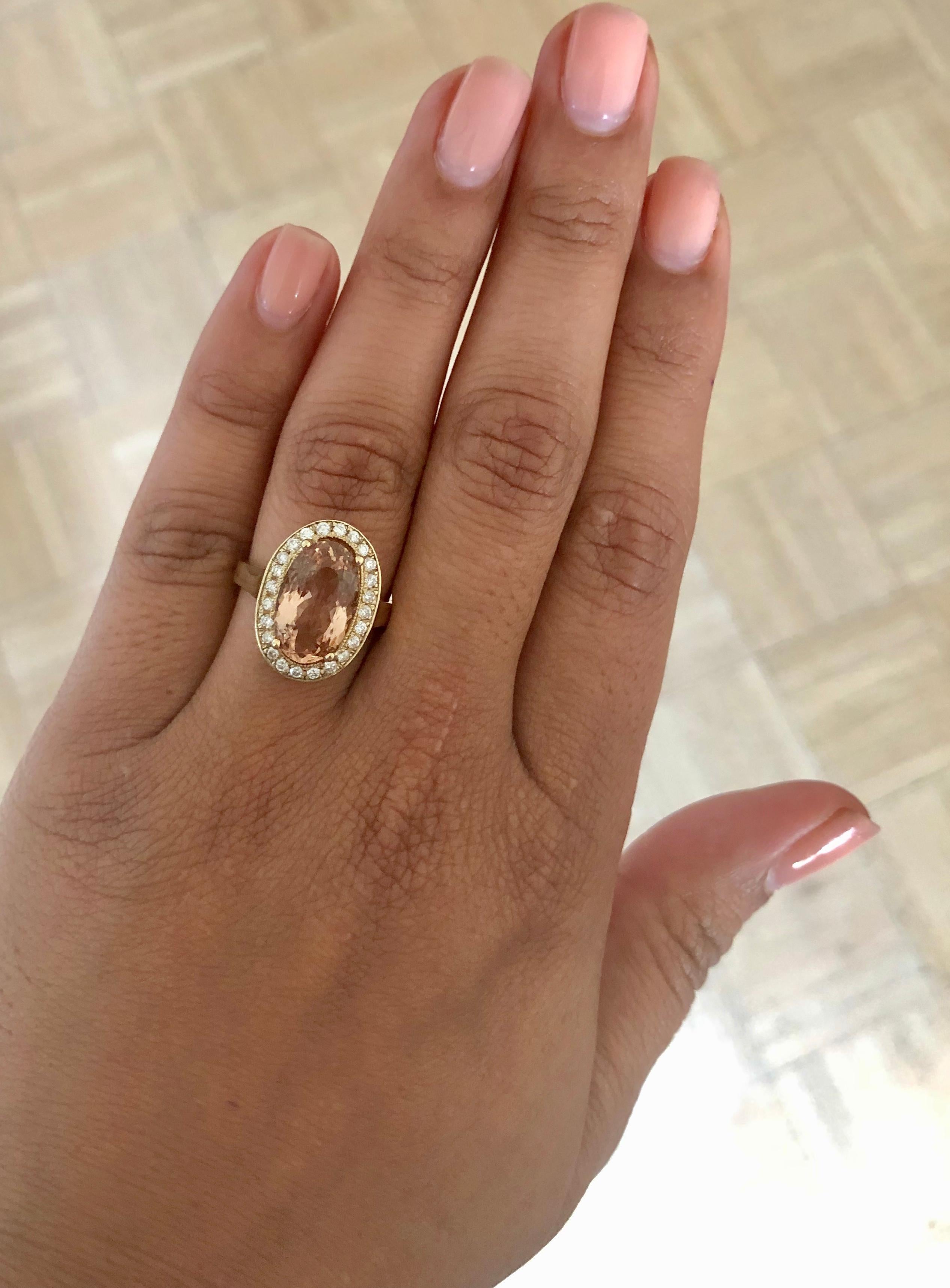 Women's 4.38 Carat Morganite Diamond 14 Karat Yellow Gold Cocktail Ring