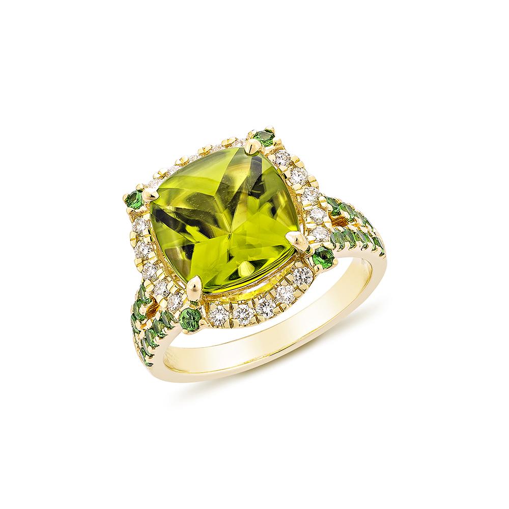 Contemporary 4.38 Carat Peridot Fancy Ring in 18KYG with Tsavorite and White Diamond.   For Sale