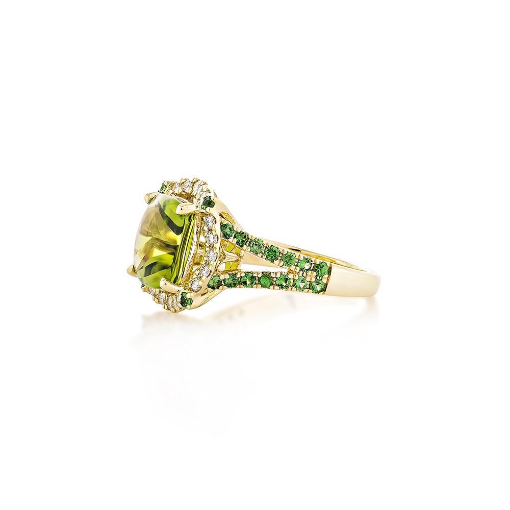 Cushion Cut 4.38 Carat Peridot Fancy Ring in 18KYG with Tsavorite and White Diamond.   For Sale