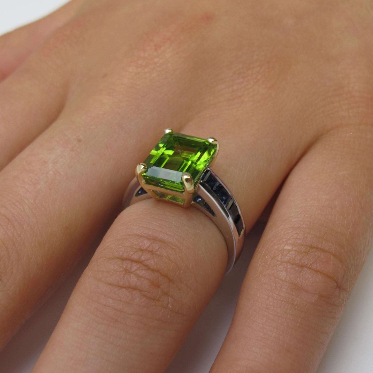 4.38 Carat Peridot & Sapphire Baguette White & Yellow Gold Cocktail Band Ring 2