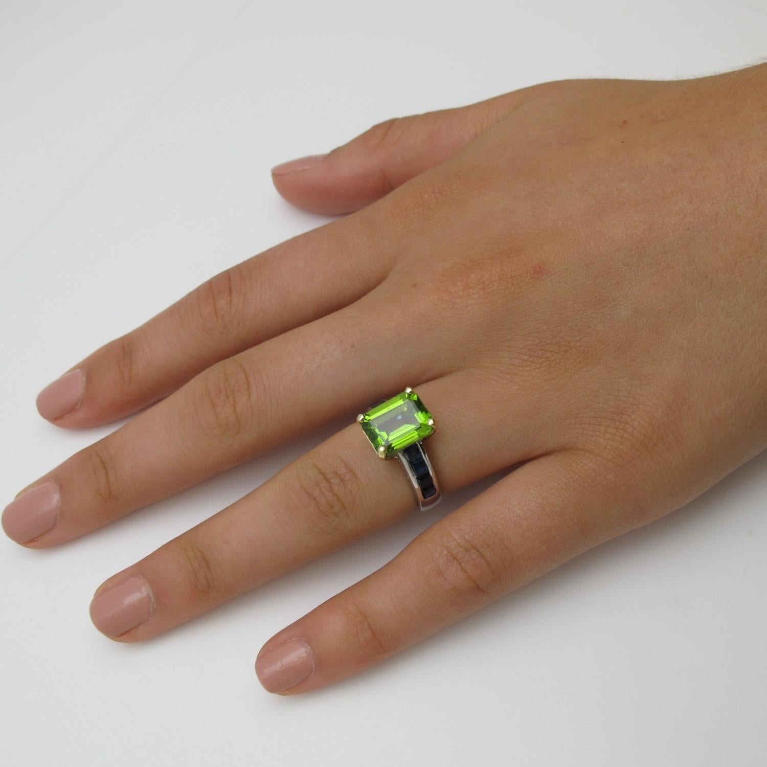 4.38 Carat Peridot & Sapphire Baguette White & Yellow Gold Cocktail Band Ring 3