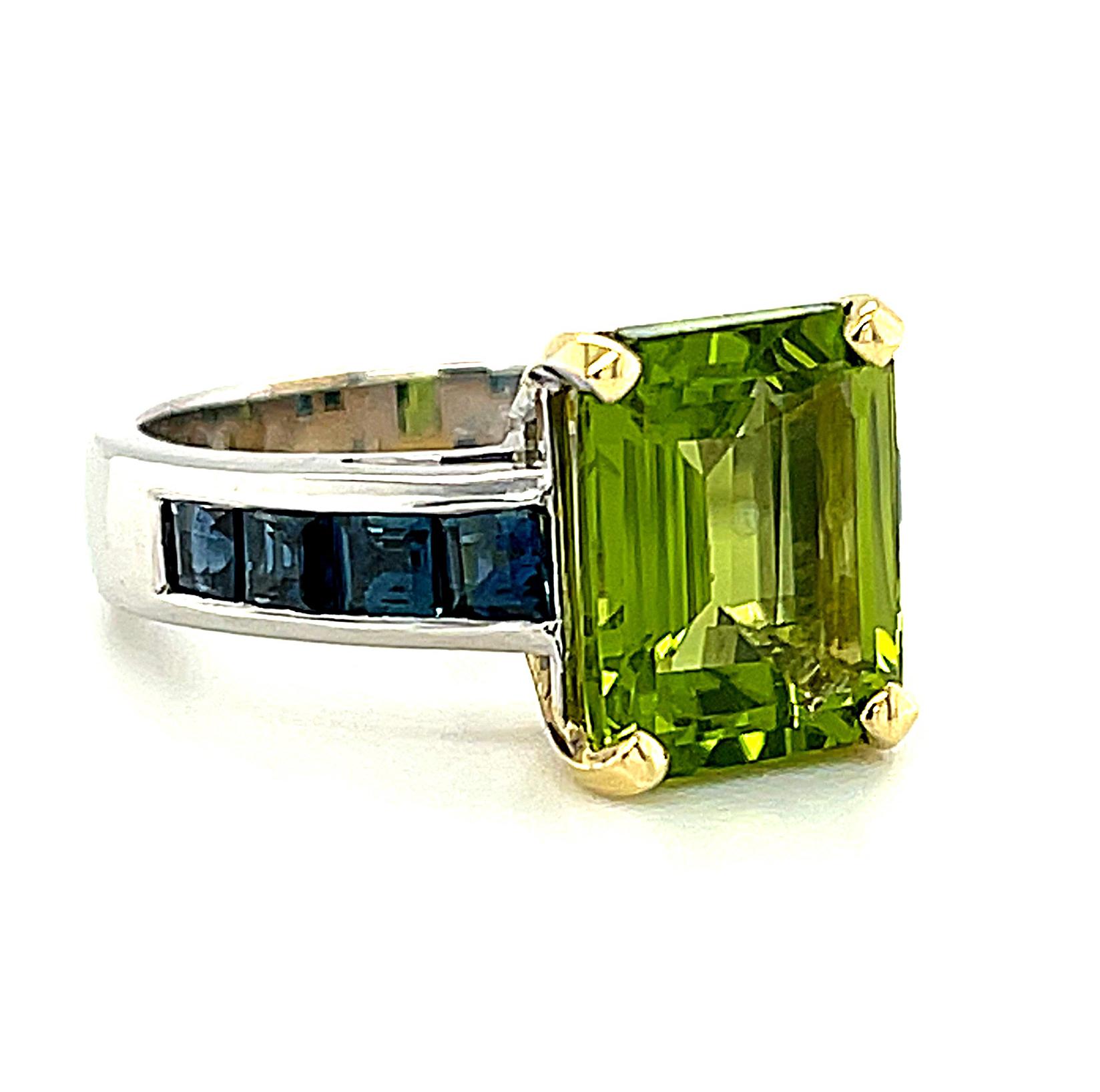 Artisan 4.38 Carat Peridot & Sapphire Baguette White & Yellow Gold Cocktail Band Ring