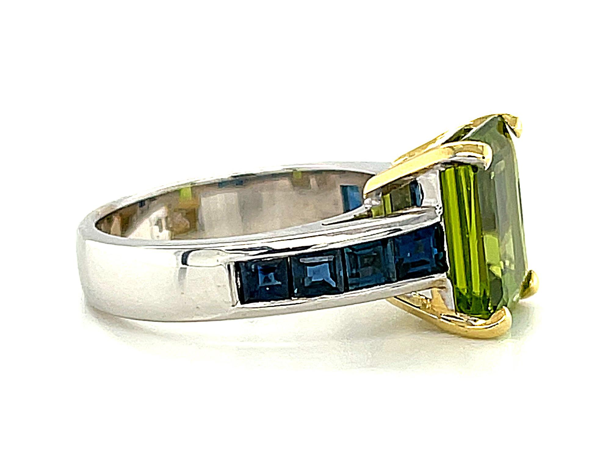 Emerald Cut 4.38 Carat Peridot & Sapphire Baguette White & Yellow Gold Cocktail Band Ring