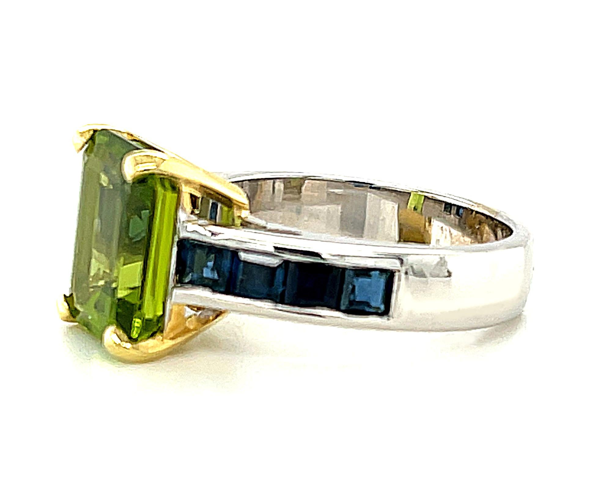 4.38 Carat Peridot & Sapphire Baguette White & Yellow Gold Cocktail Band Ring In New Condition In Los Angeles, CA