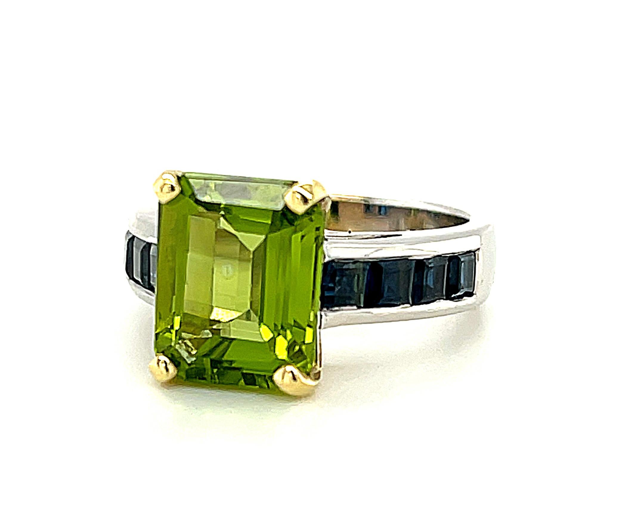 Women's 4.38 Carat Peridot & Sapphire Baguette White & Yellow Gold Cocktail Band Ring