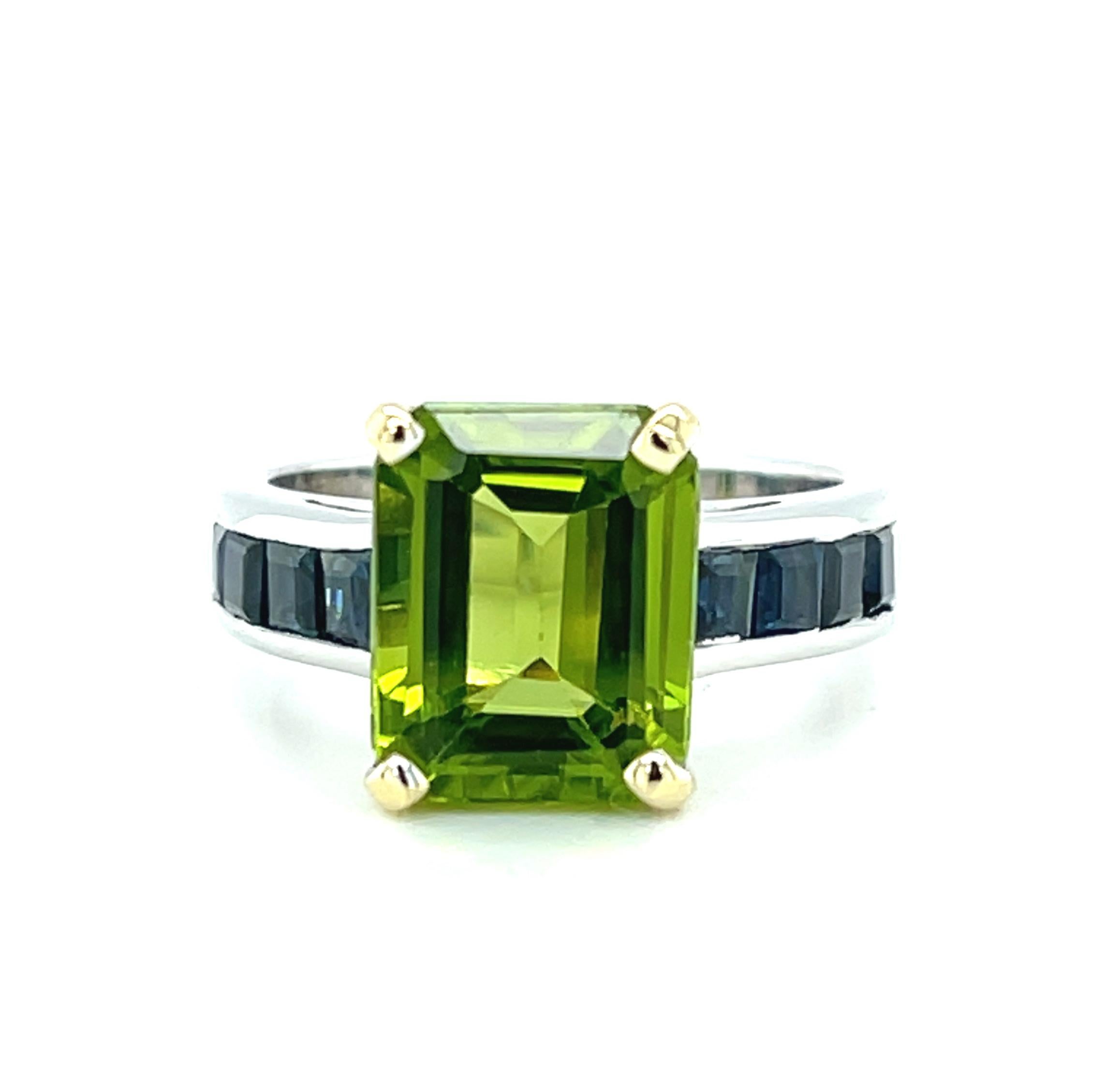 4.38 Carat Peridot & Sapphire Baguette White & Yellow Gold Cocktail Band Ring 1