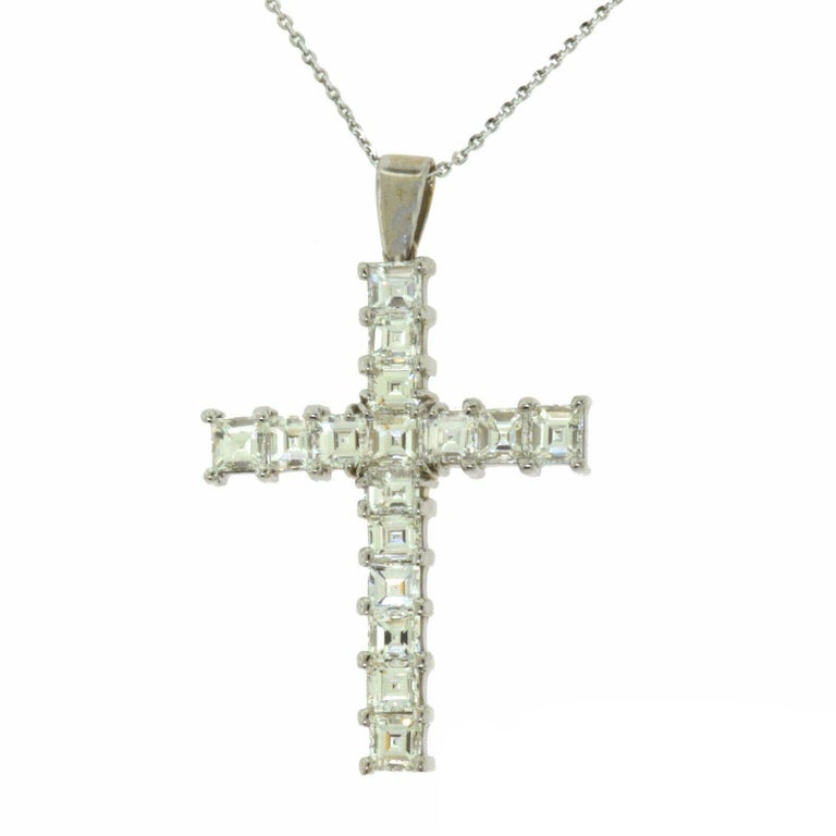 4.38 Carat Princess Square Cut Diamond Cross Pendant Necklace in White