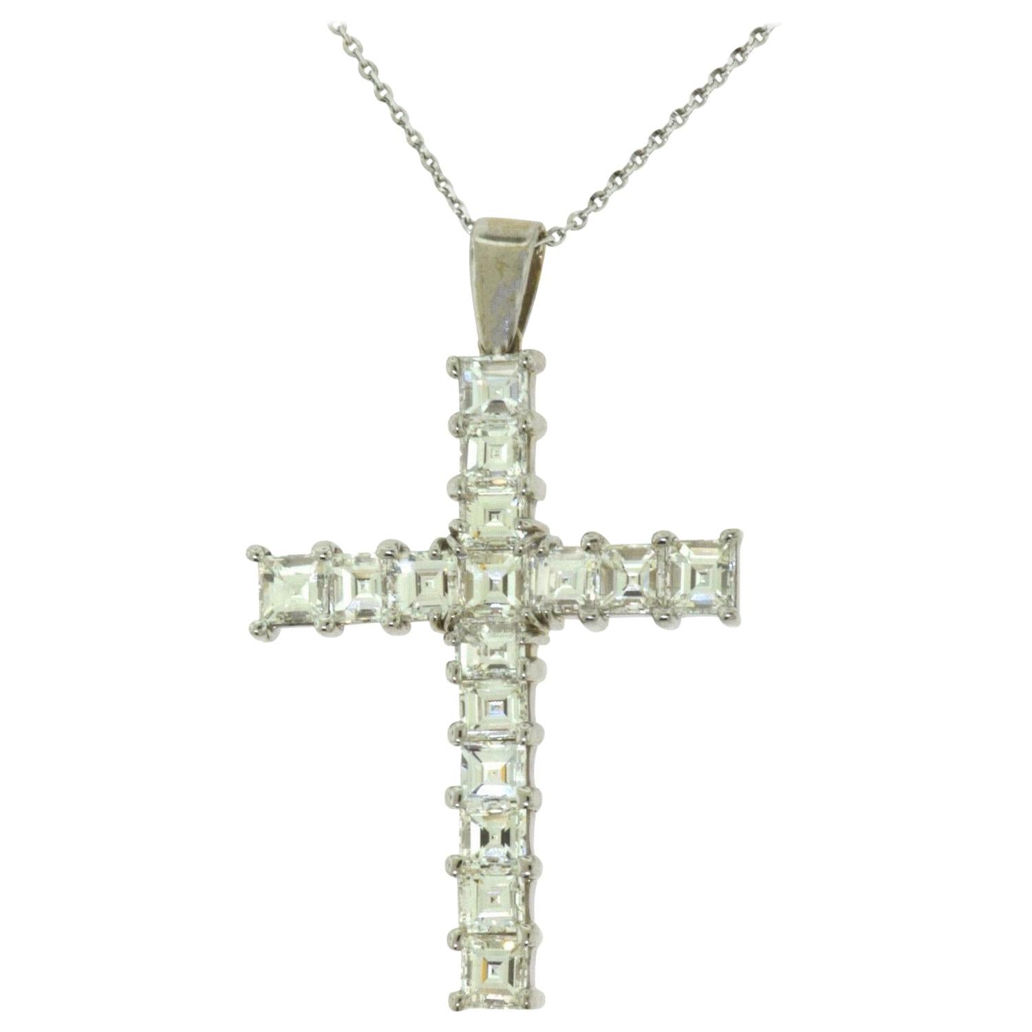 4.38 Carat Princess Square Cut Diamond Cross Pendant Necklace in White Gold